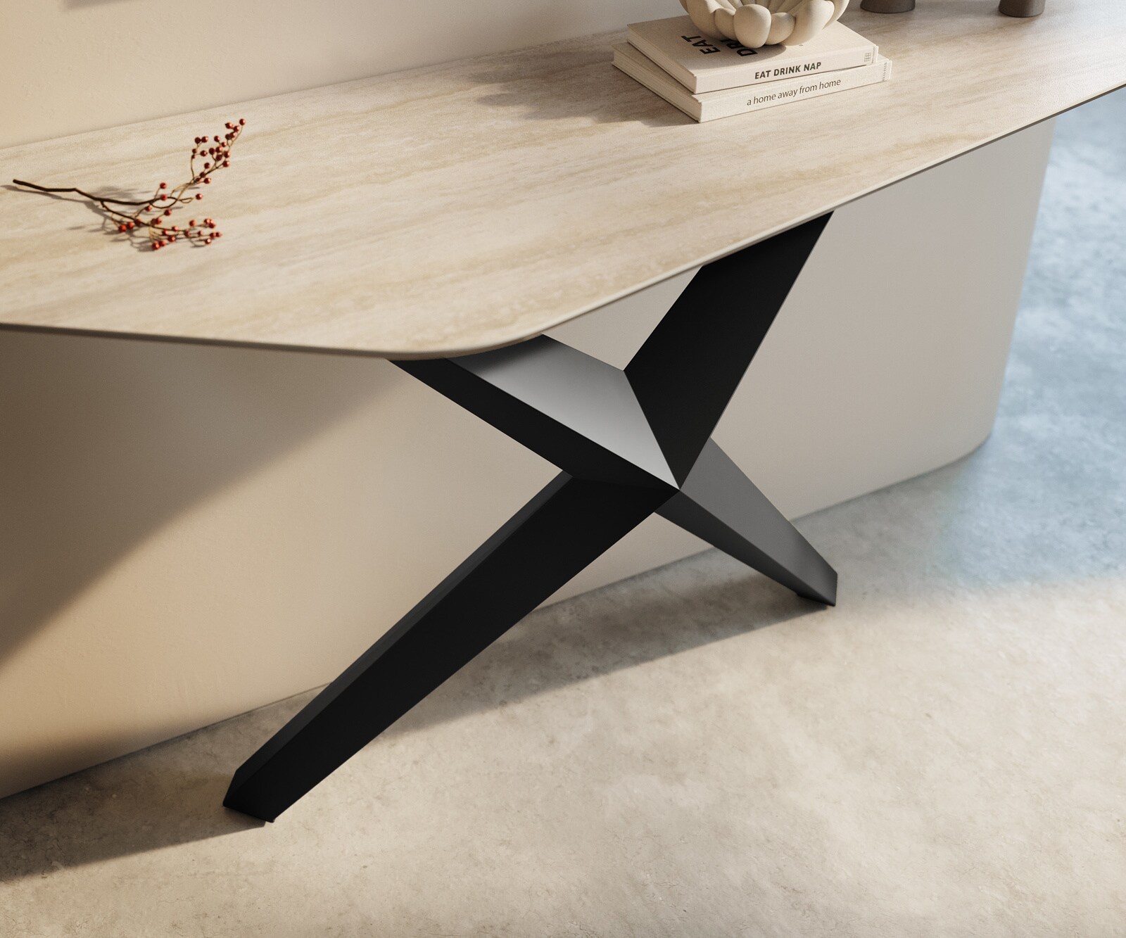 Consoletafel Edge Polygonaal 140x50 cm Keramiek Laminam® Travertino Bianco Creme-Weiß Zentharo Metaal Zwart 6