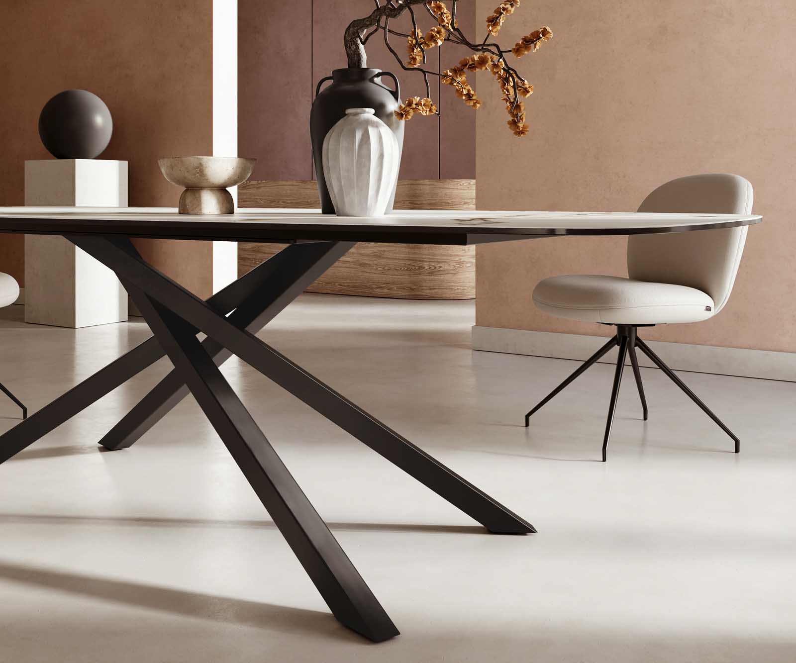 Eetkamertafel Edge Boot 240x120 keramiek Calacatta Luxe wit-goud-grijs kruisframe rechthoek zwart 5
