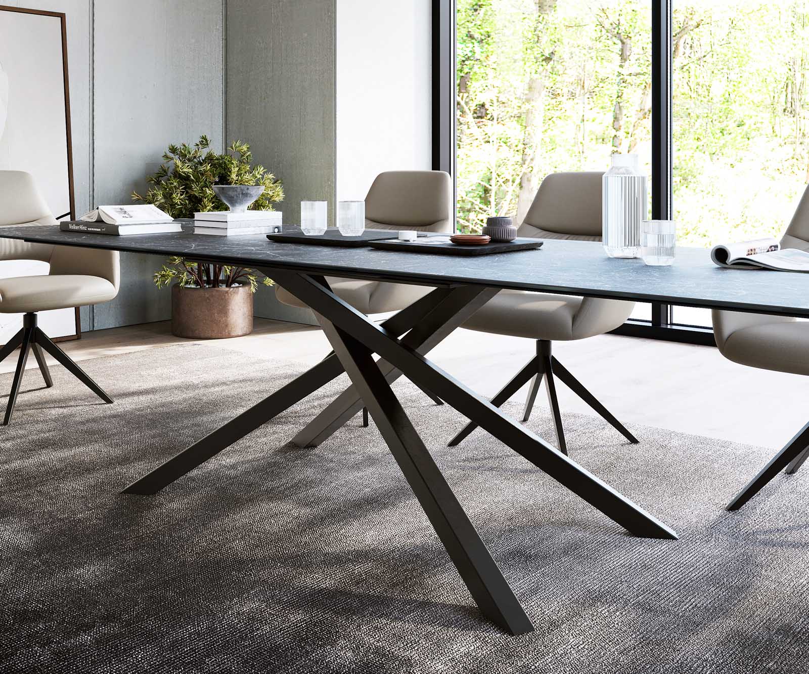 Eettafel Edge 300x100cm Laminam® keramiek grijs middenpoot kruis zwart 4