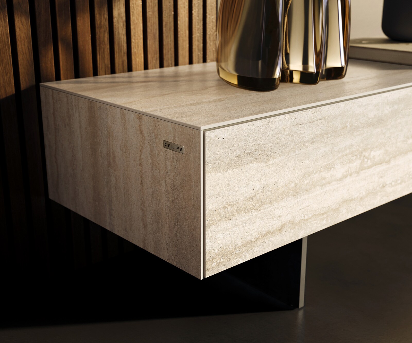 Tv-meubel Cuor 200 cm Keramiek Laminam® Travertino Bianco Crème-wit 1 Flap 1 Lade Zwevende voet look Metaal Zwart 5