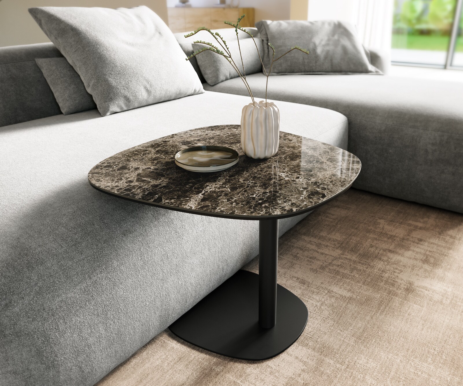 Bijzettafel Edge bootvorm 60x60 cm keramiek Emperador Extra Lucidato donkerbruin Eleny metaal zwart