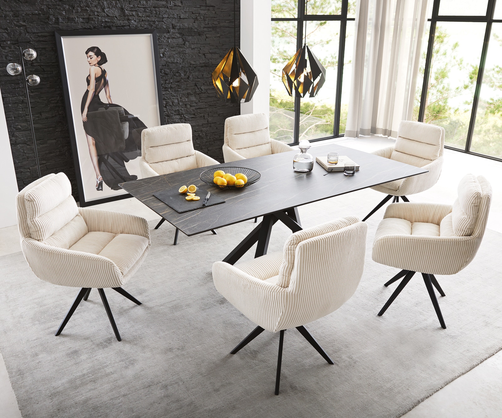 Eetkamerstoel Abelia-Flex met armleuning koord beige kruisframe hoekig zwart 3 Eetkamerstoel Abelia-Flex met armleuning koord beige kruisframe hoekig zwart 3