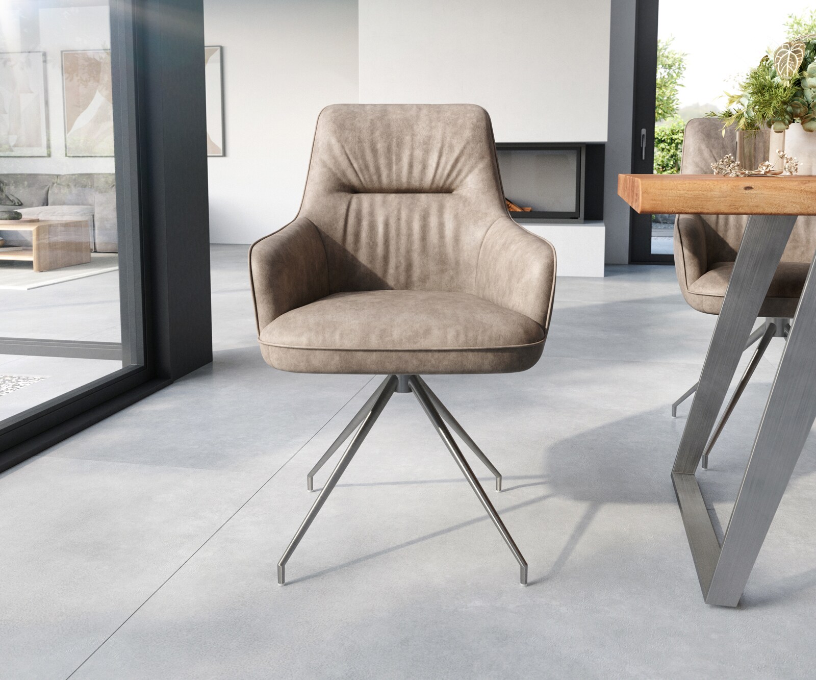 Eetkamerstoel Zelia-Flex met armleuning microvelours taupe vintage kruisframe conisch roestvrij staal pocketveer kern 1
