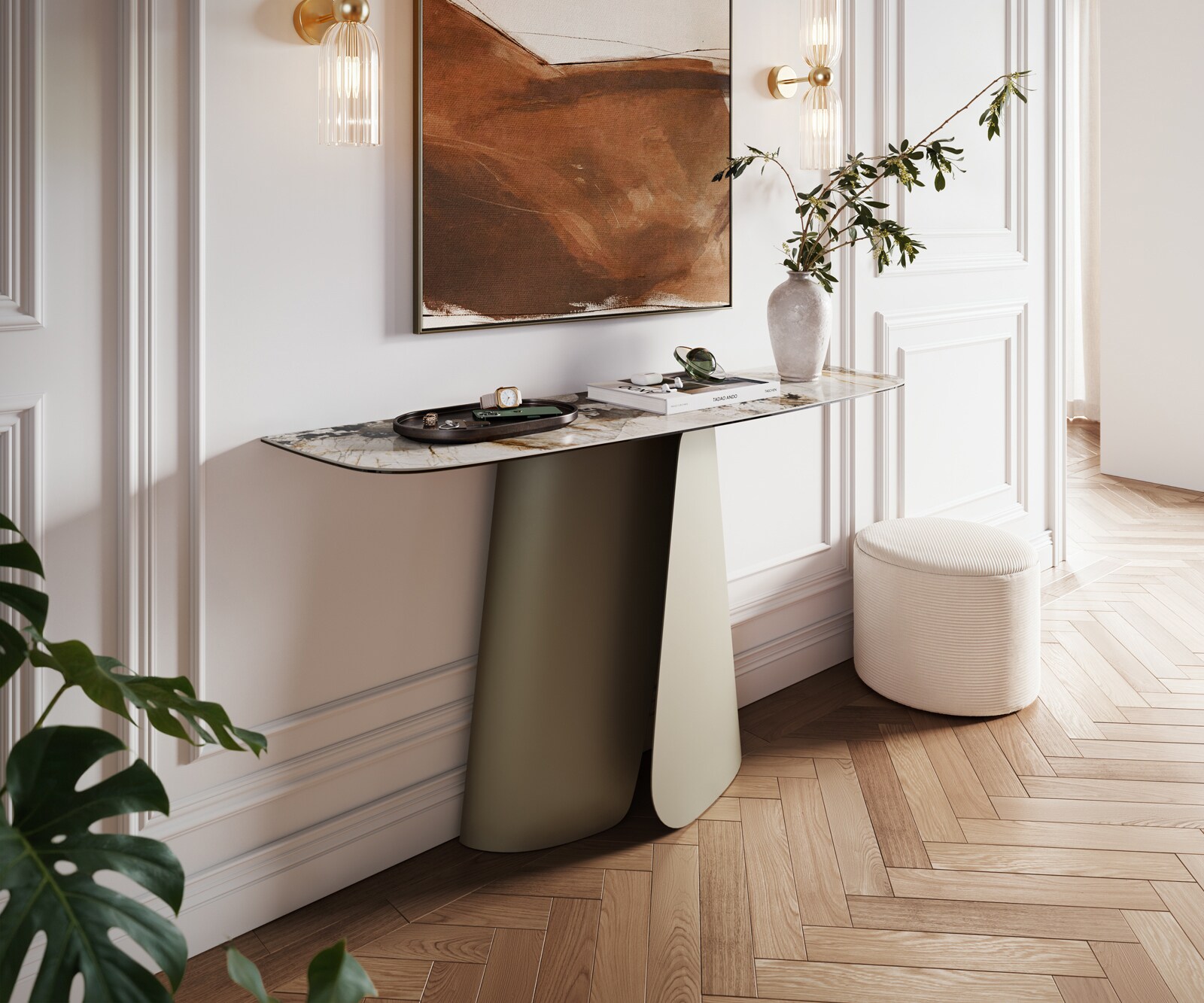 Consoletafel Edge Bootvorm 140x40 cm Keramiek Patagonia Poliert Livos Metaal Effektfinish Titan 2