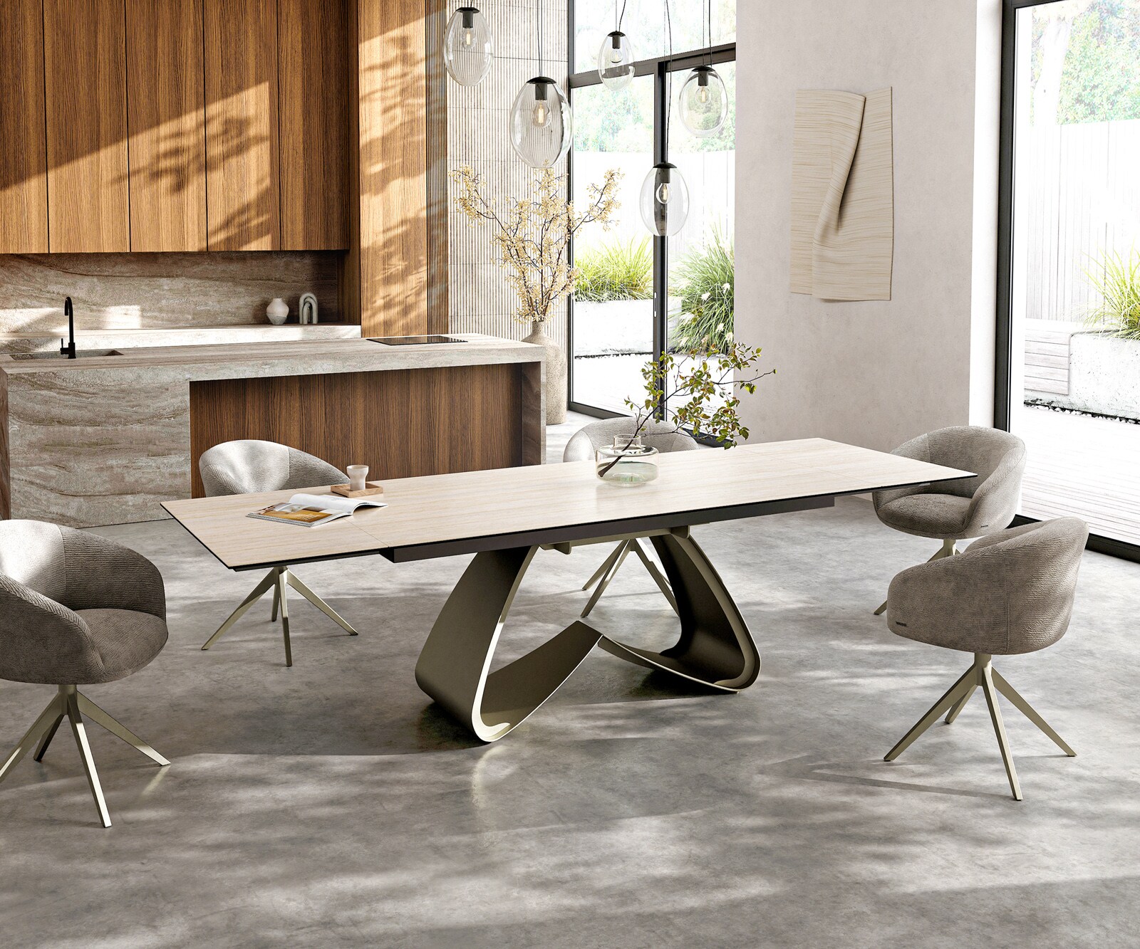 Eettafel Edge 200-300x100 keramiek  Laminam® Travertino Bianco Creme-wit W-frame effectafwerking Titan uitrekbaar 6