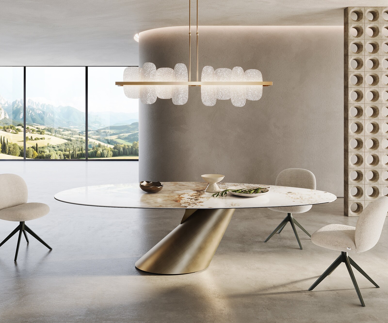 Eettafel Edge Oval 280x130 keramiek  Minas Melange wit-beige  Cono metaal goud 1