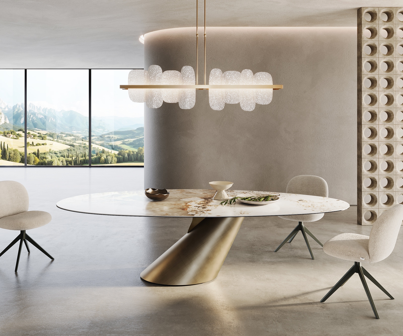 Eettafel Edge Oval 280x130 keramiek  Minas Melange wit-beige  Cono metaal goud 1
