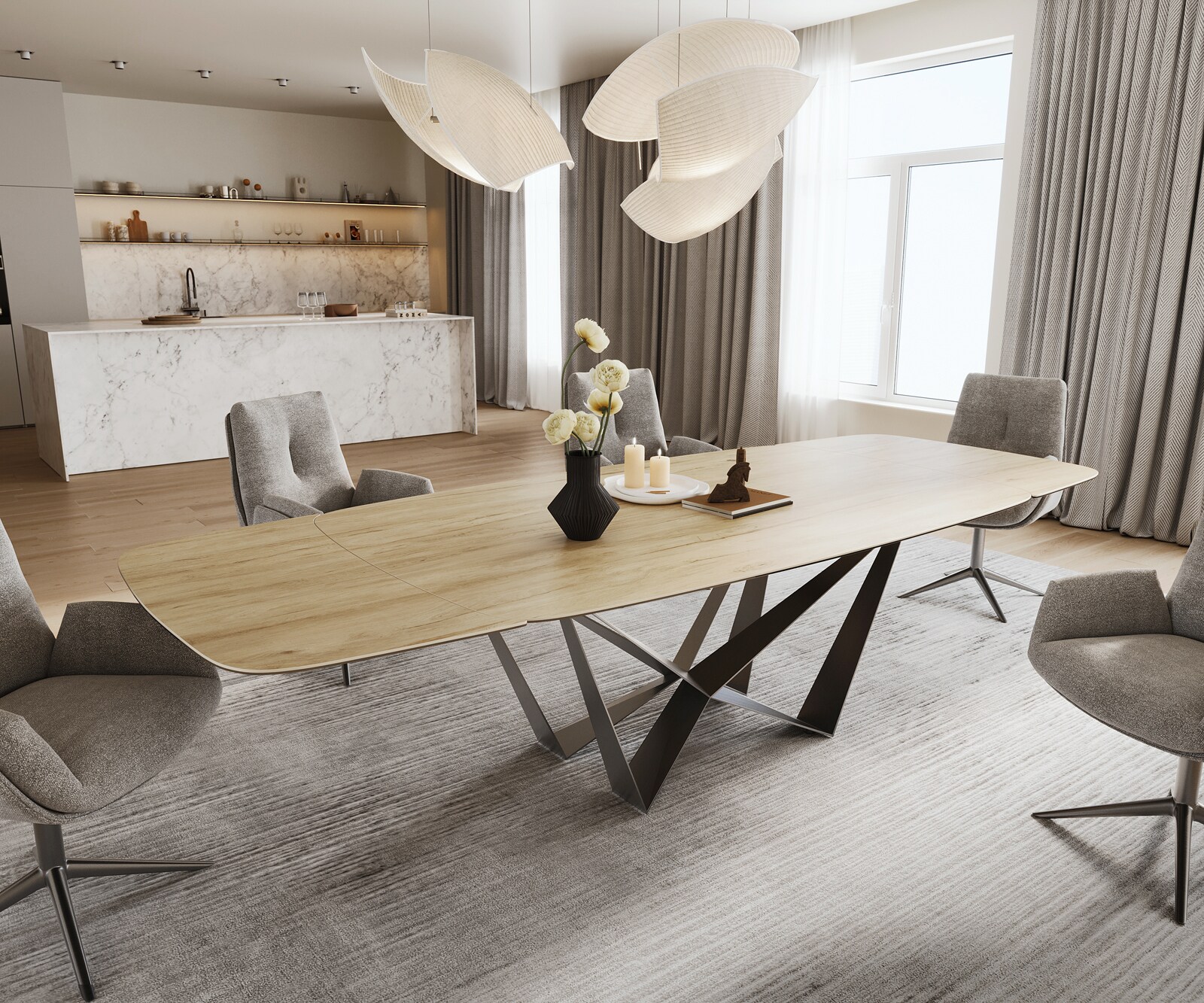 Eettafel Edge Boot 200-300x120 cm Keramiek Laminam® Sabbia Eichefarbig Spider Flachstahl Roestvrij staal Grafiet uitschuifbaar 1