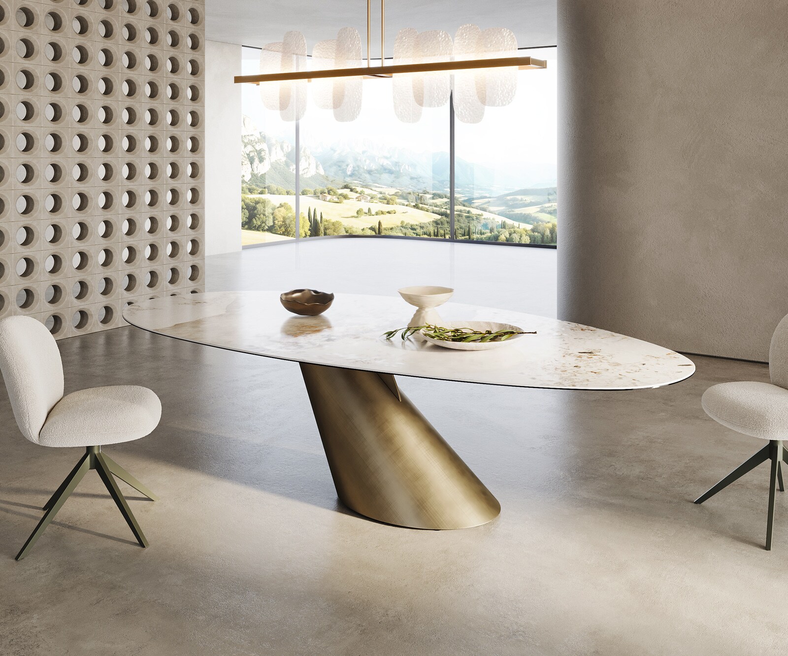Eettafel Edge Oval 280x130 keramiek  Minas Melange wit-beige  Cono metaal goud 4