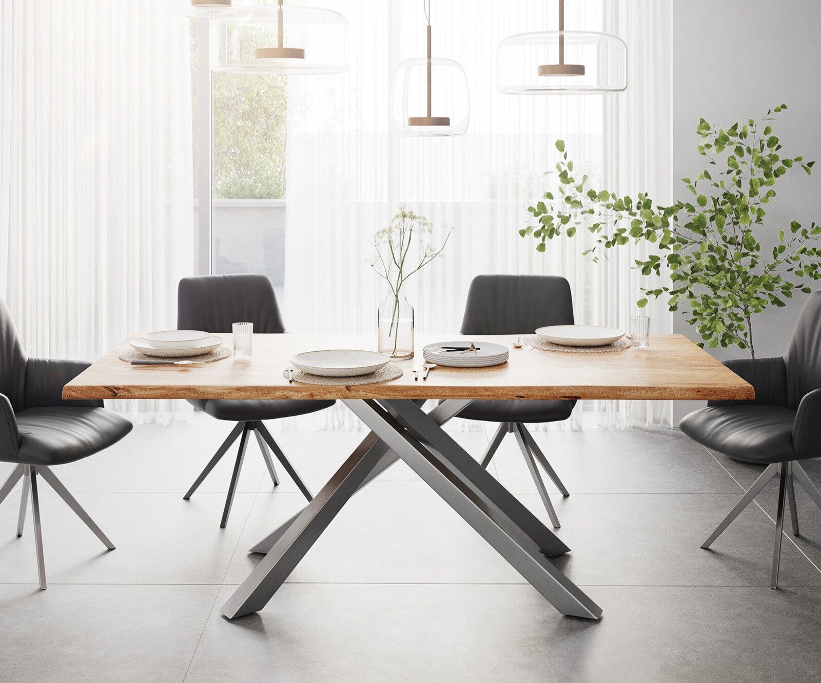 Eettafel Edge 200x100 acacia natuur kruisframe rechthoek roestvrij staal  Live-Edge 1
