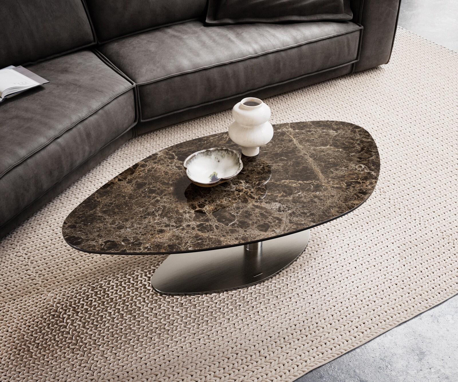 Salontafel Edge Organisch 140x76 cm keramiek Laminam® Emperador Extra Lucidato donkerbruin Vibany geborsteld roestvrij staal 4