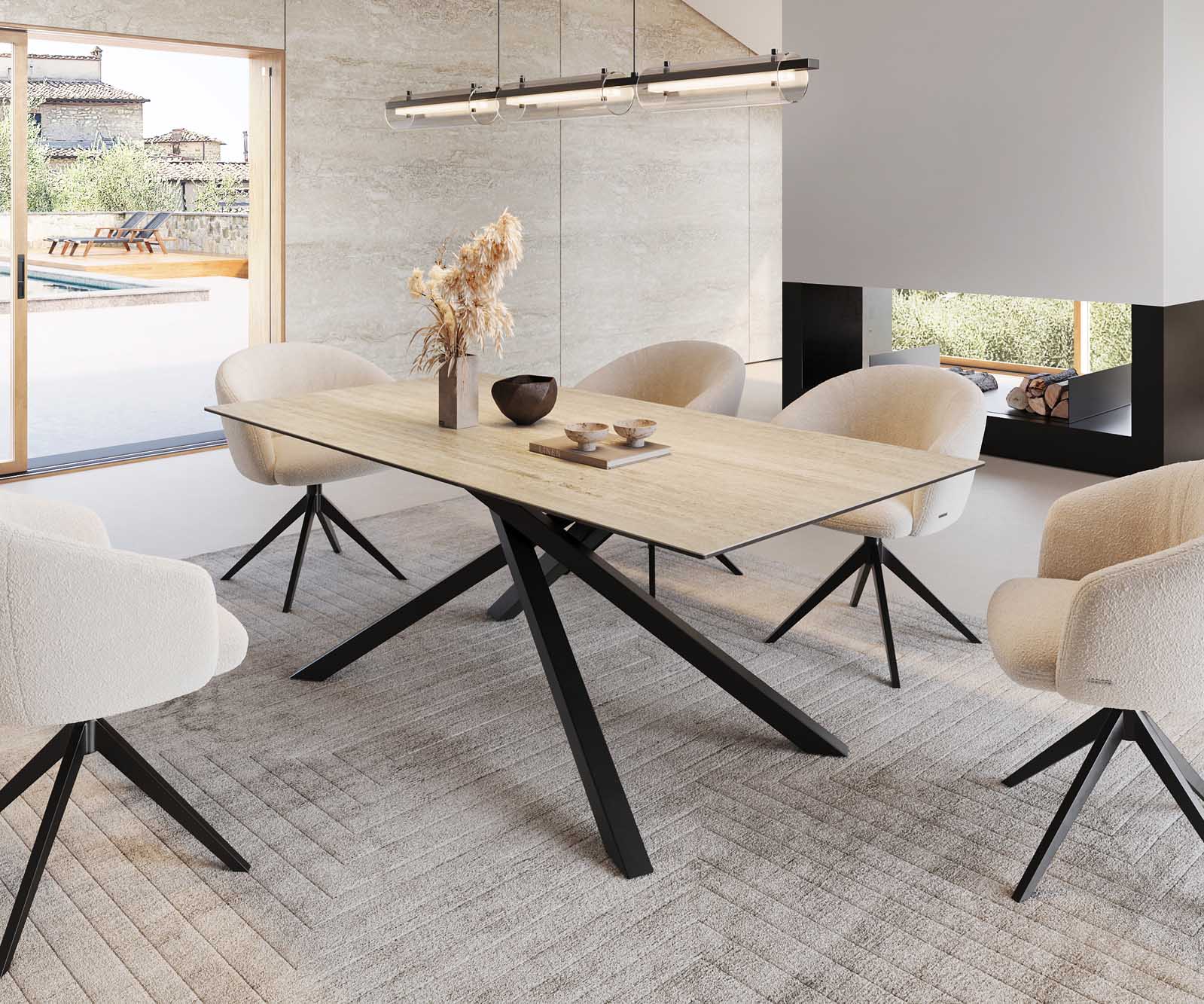 Eetkamertafel Edge 200x100 keramiek Travertin natuur kruisframe rechthoek zwart