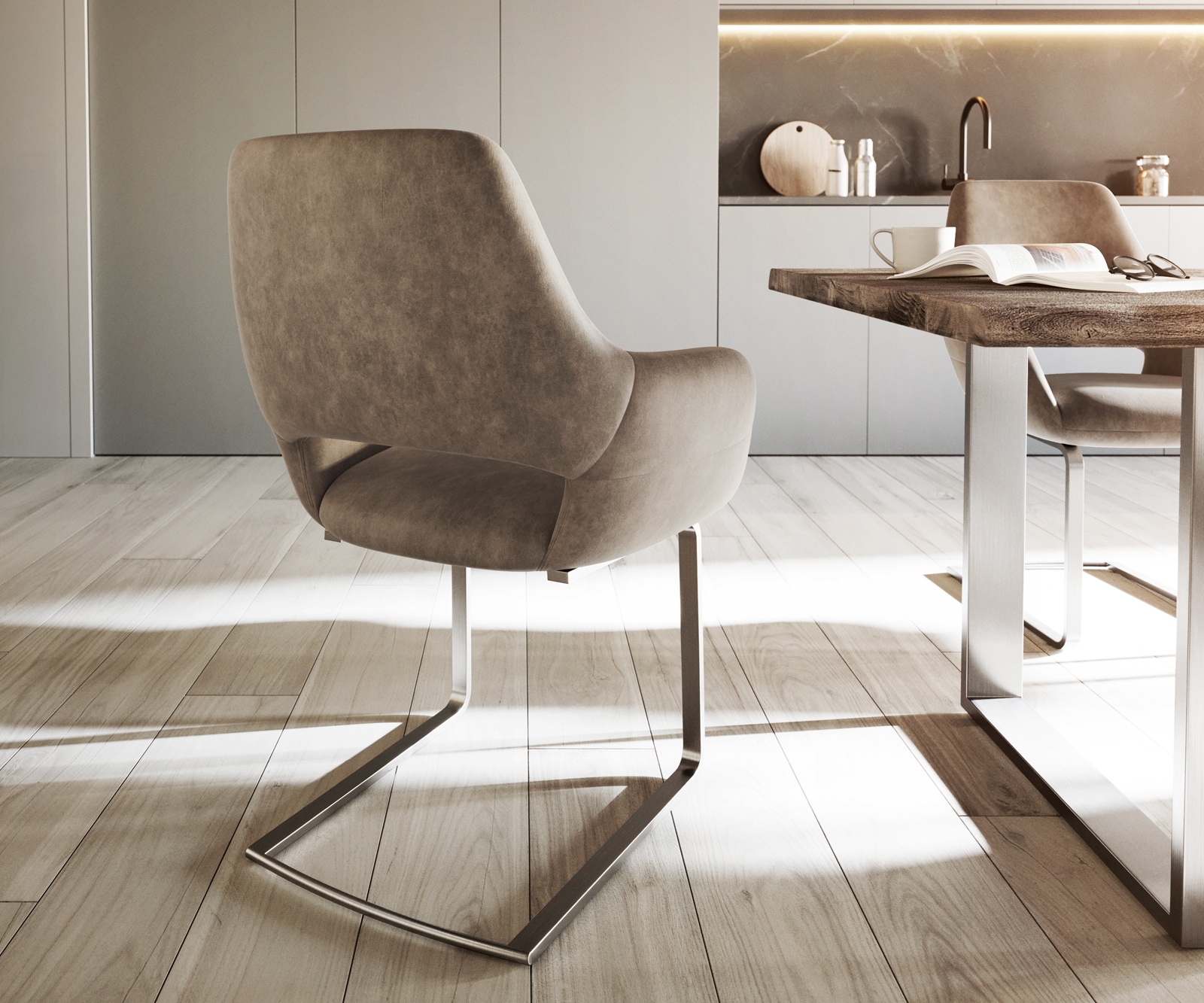 Sledemodel Yago-Flex met armleuning microvelours taupe vintage sledemodel vlak roestvrij staal pocketveer kern 5