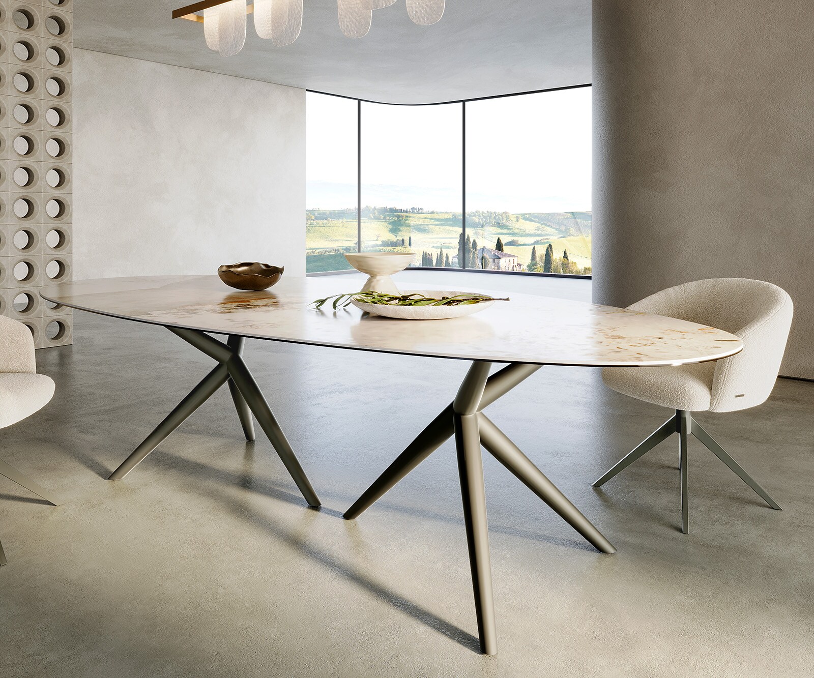 Eettafel Edge Oval 280x130 keramiek Minas Melange wit-beige Estelar rond metaal effect afwerking titanium 5