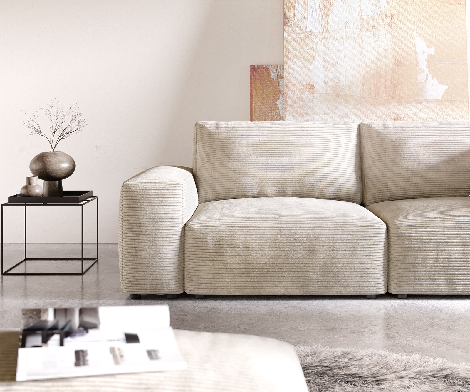 Big-sofa Lanzo 230x95 cm ribcord beige met hocker 4