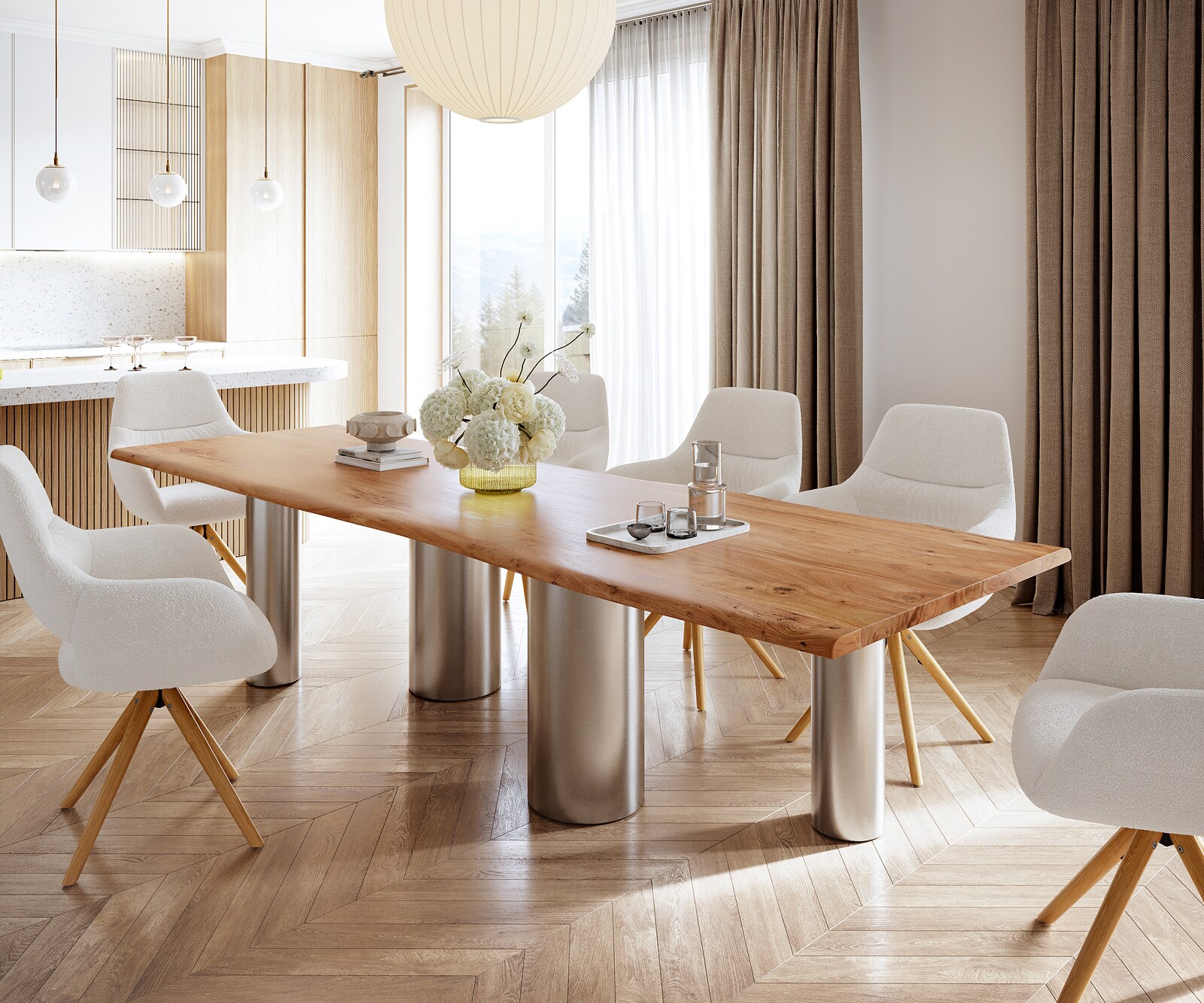 Eetkamertafel Edge 300x100 acacia natuurPilier roestvrij staal geborsteld Live-Edge