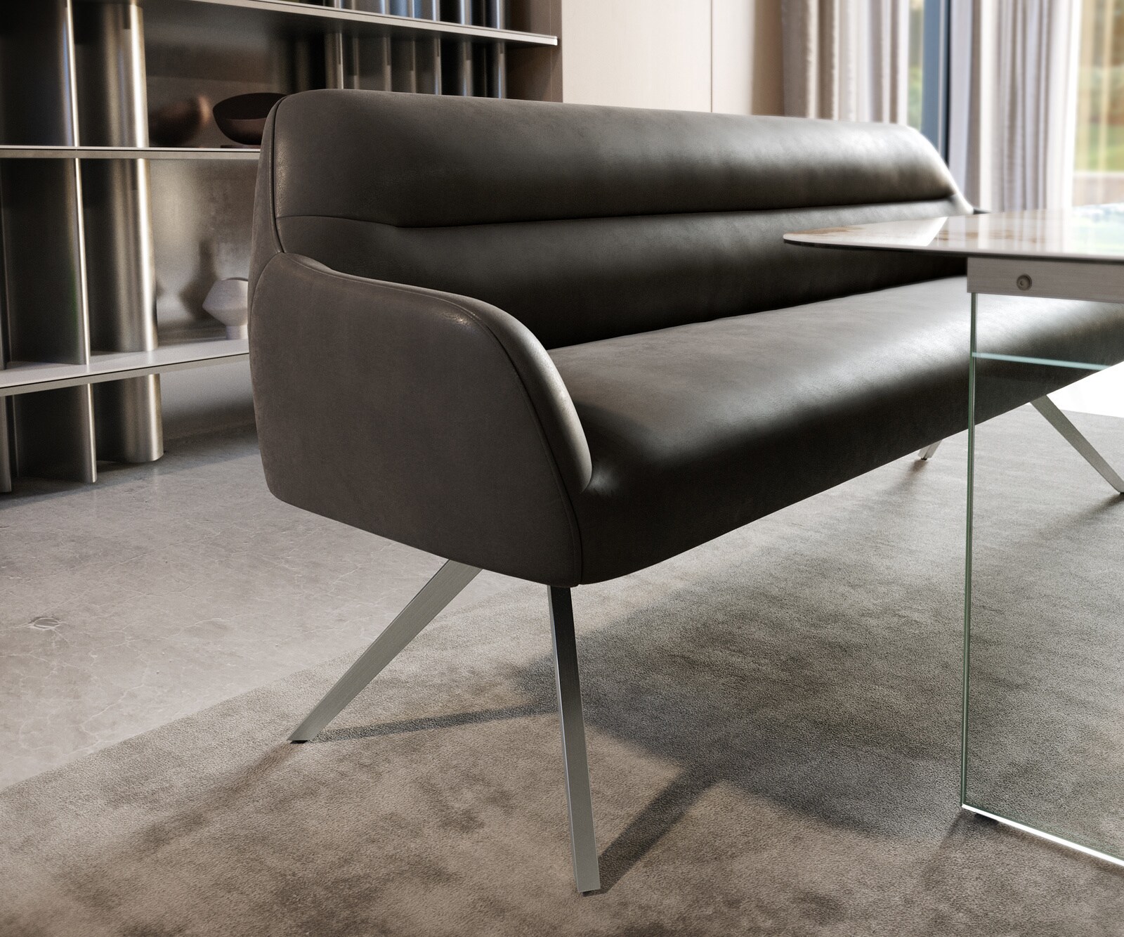 Eetkamerbank Taya-Flex 200 cm microvelours anthraciet vintage hoekig kruisframe roestvrij staal pocketvering 4