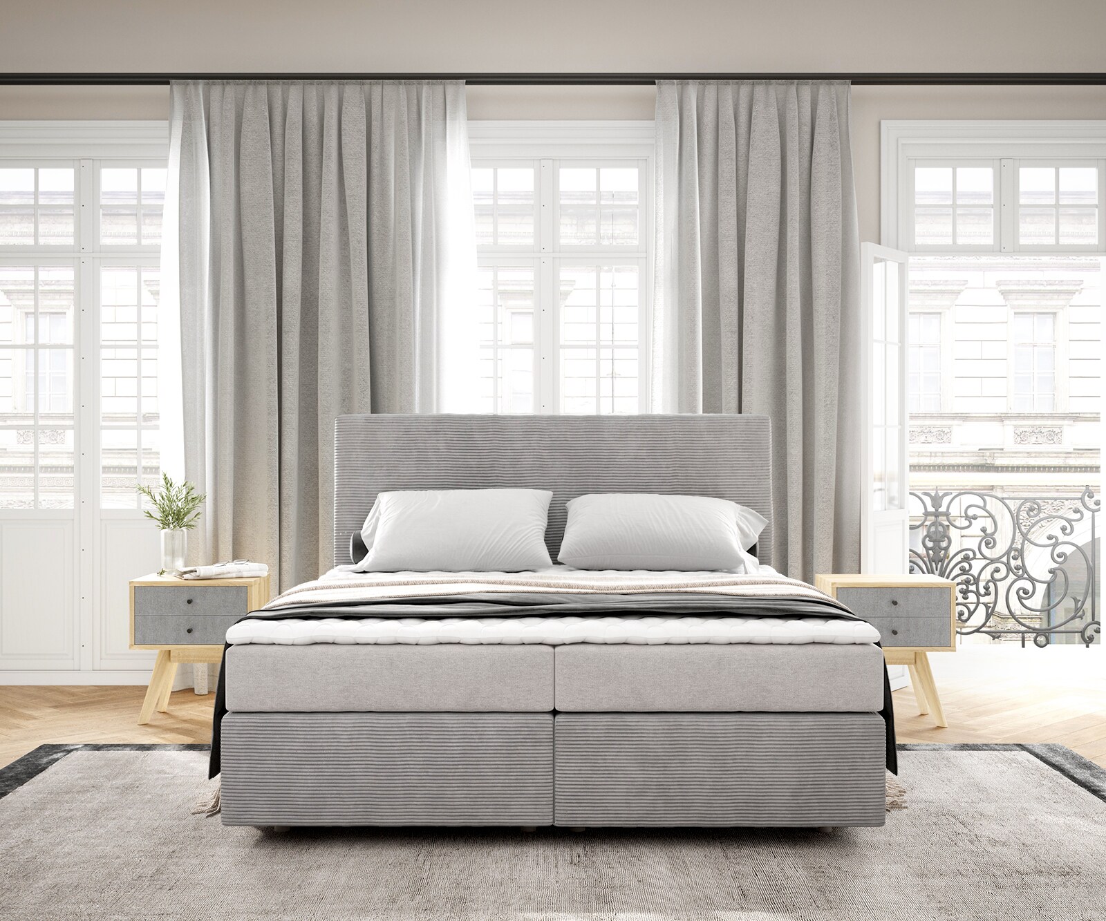 Boxspringbed Dream-Well Cord Silbergrau 160x200 cm mit Matratze und Topper 1