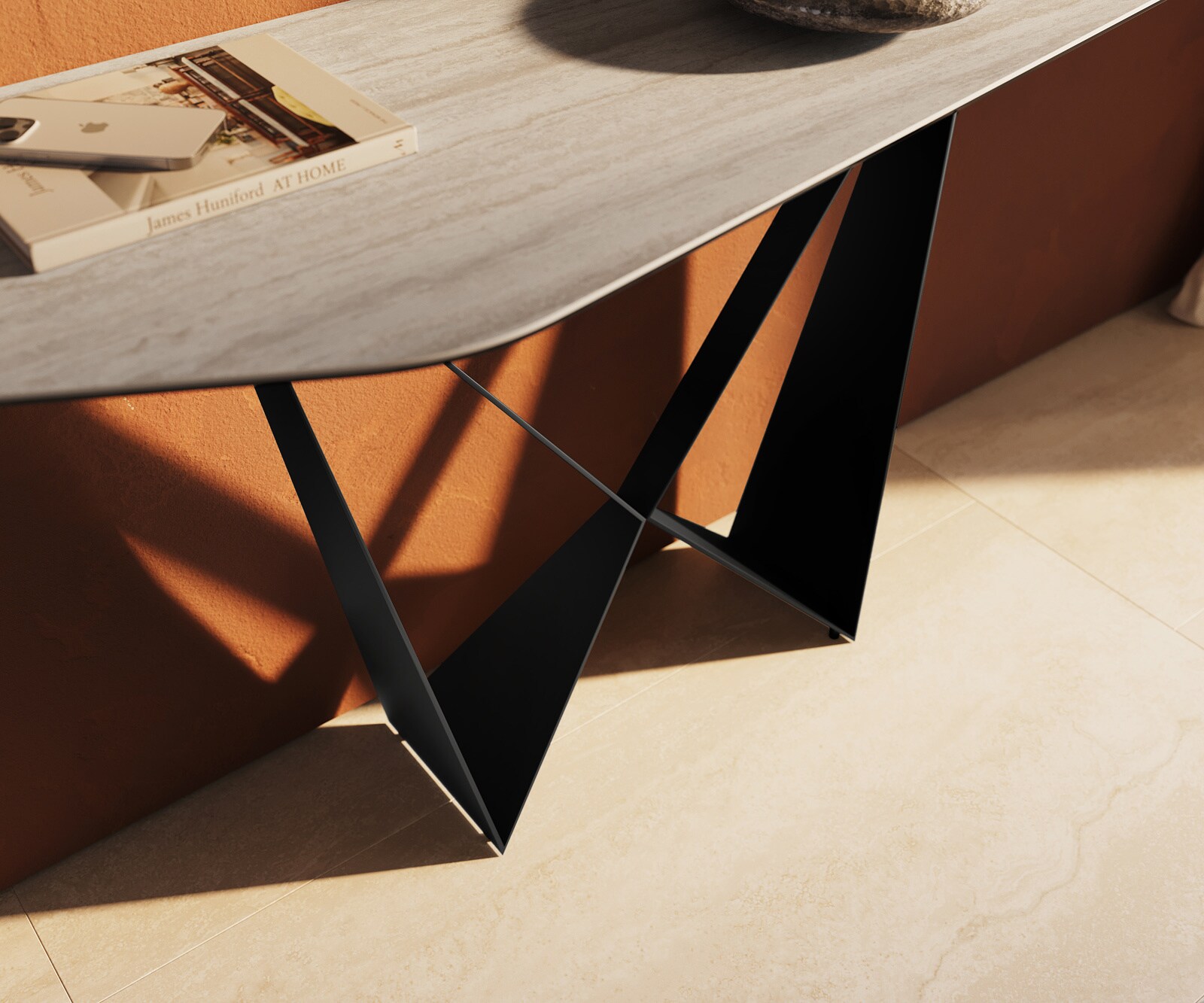 Consoletafel Edge Polygonaal 180x50 cm Keramiek Laminam® Travertino Bianco Creme-Weiß Spios Metaal Zwart 6
