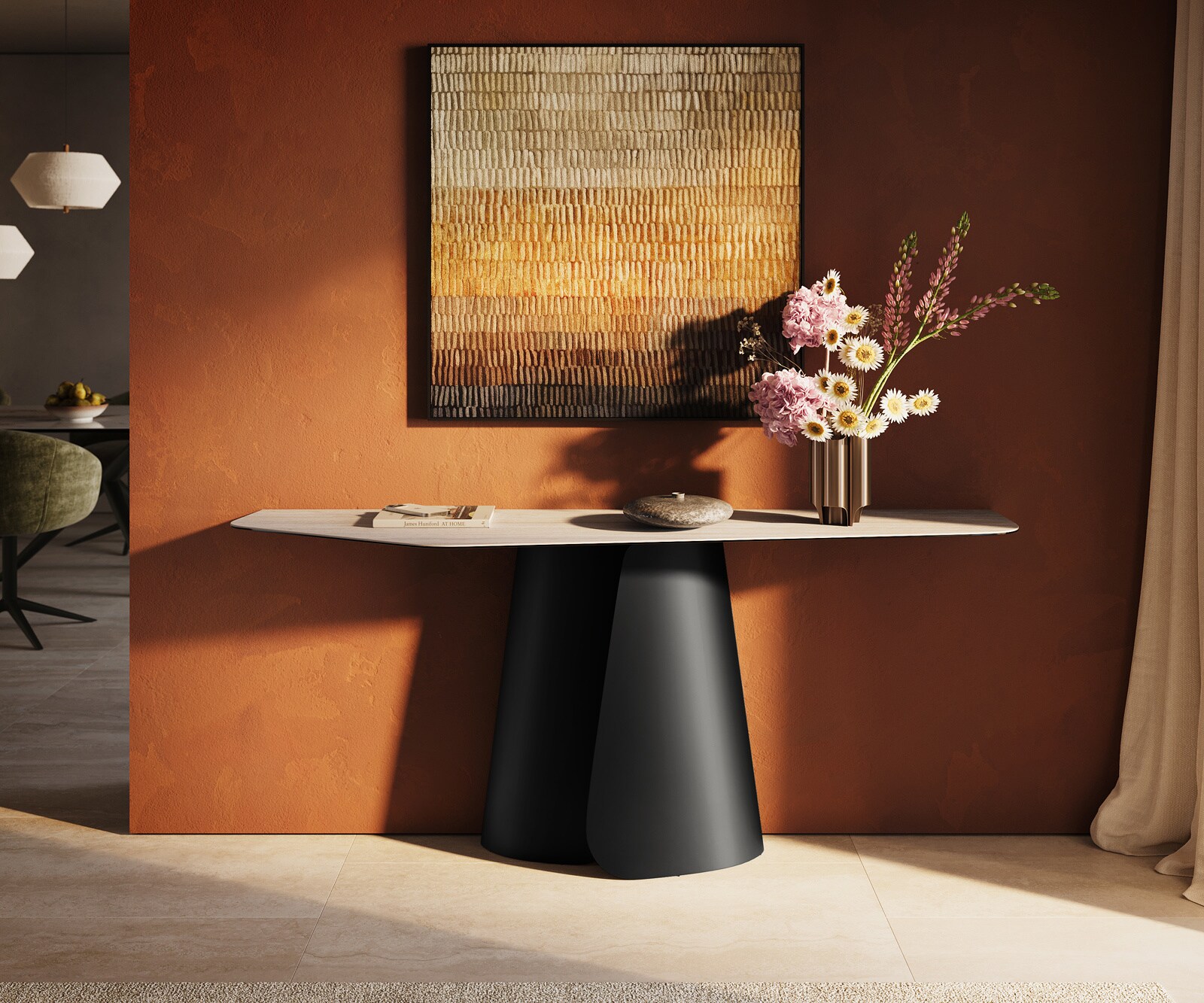 Consoletafel Edge Polygonaal 180x50 cm Keramiek Laminam® Travertino Bianco Creme-Weiß Livos Metaal Zwart 2