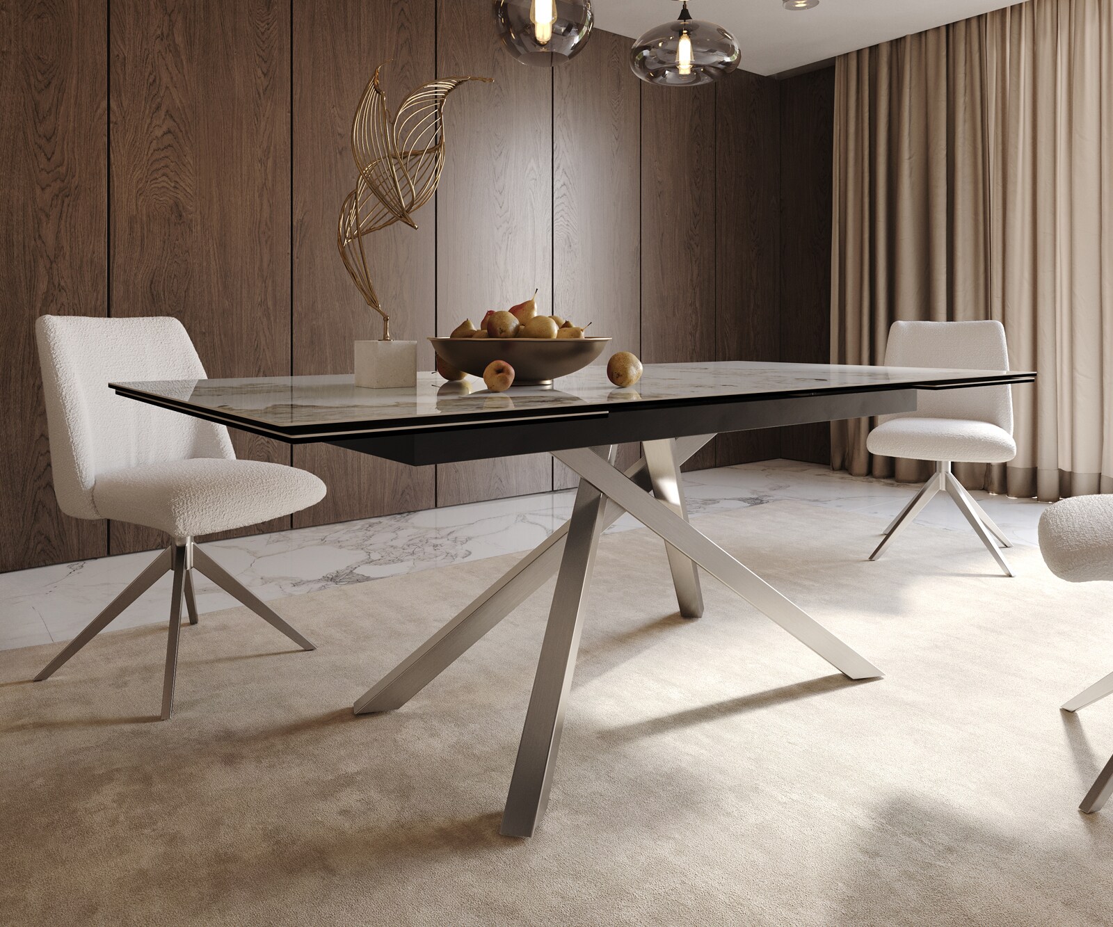 Eetkamertafel Edge 200-300x100 keramiek Minas Melange wit-beige kruisframe rechthoek RVS uitschuifbaar 6