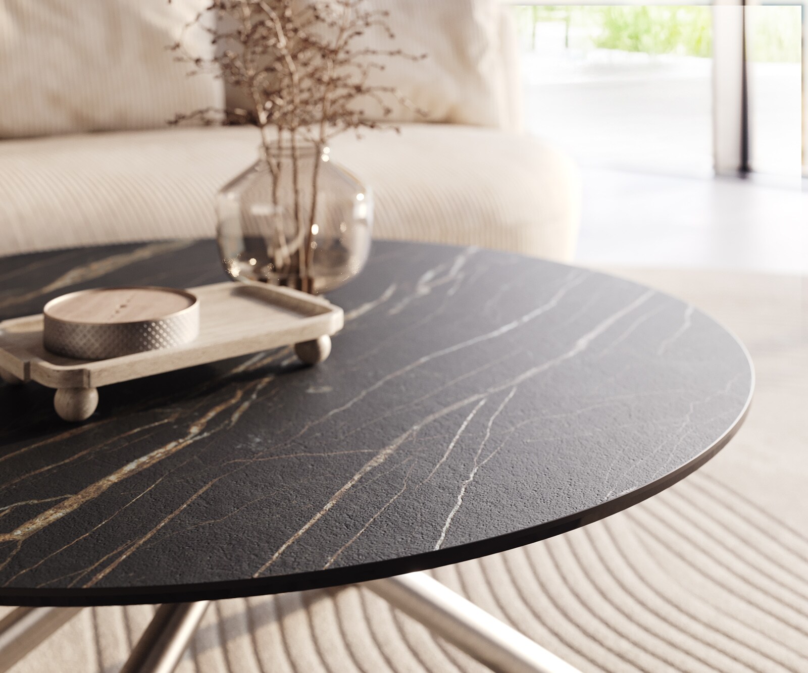 Salontafel Edge rond 100x100 cm keramiek Laminam® Noir Desir bruin Sarity geborsteld roestvrij staal 4