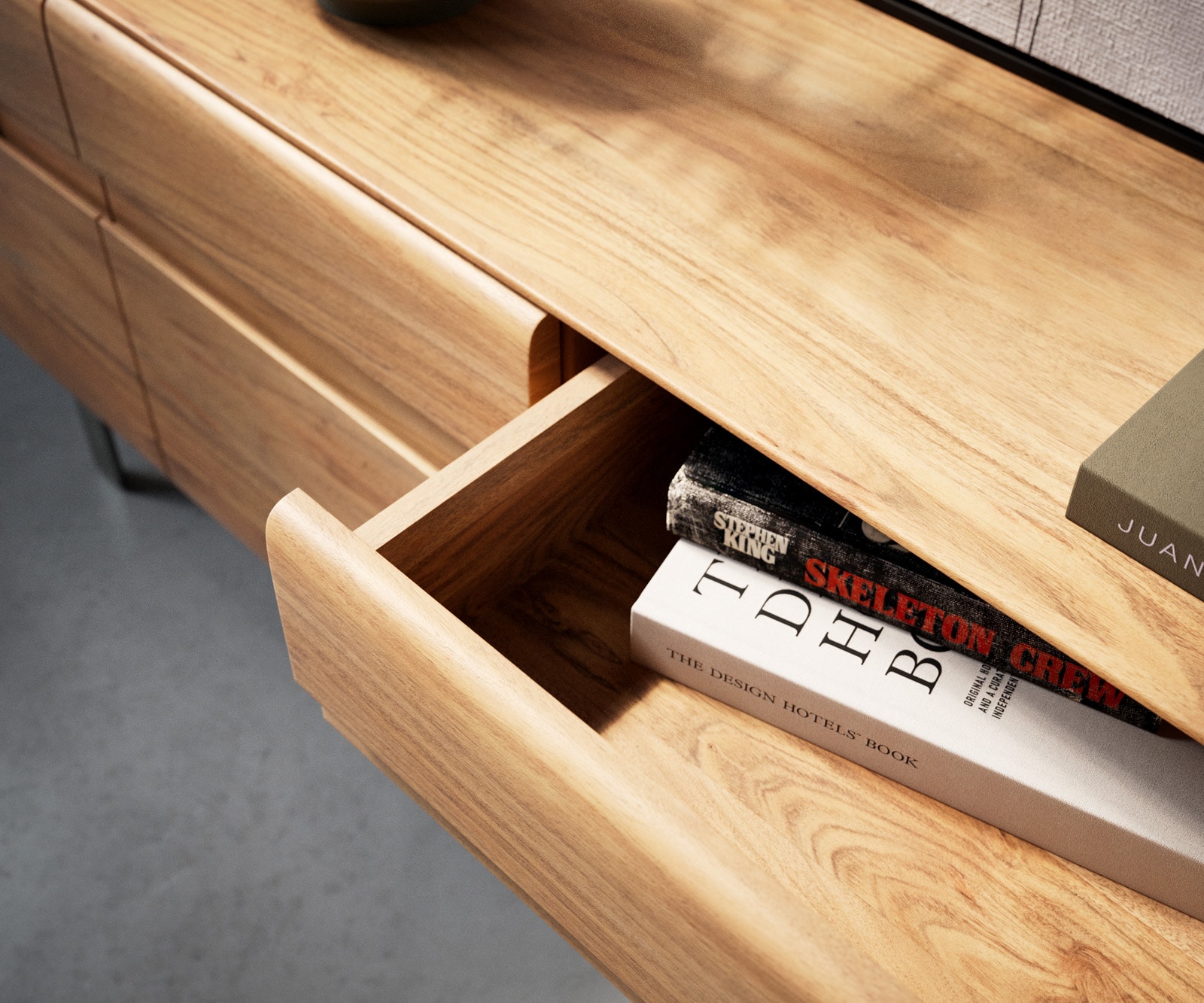 Tv-meubel Anaya 220 cm natuur acacia 4 deuren 2 laden L-onderstel roestvrij staal 4 Tv-meubel Anaya 220 cm natuur acacia 4 deuren 2 laden L-onderstel roestvrij staal 4