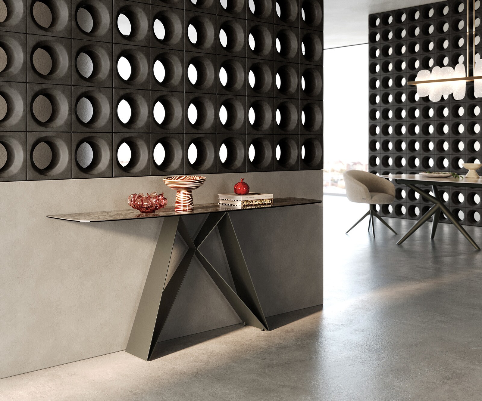Consoletafel Edge Bootvorm 180x40 cm Keramiek Emperador Extra Lucidato Dunkelbraun Velio Metaal Effektfinish Titan 7