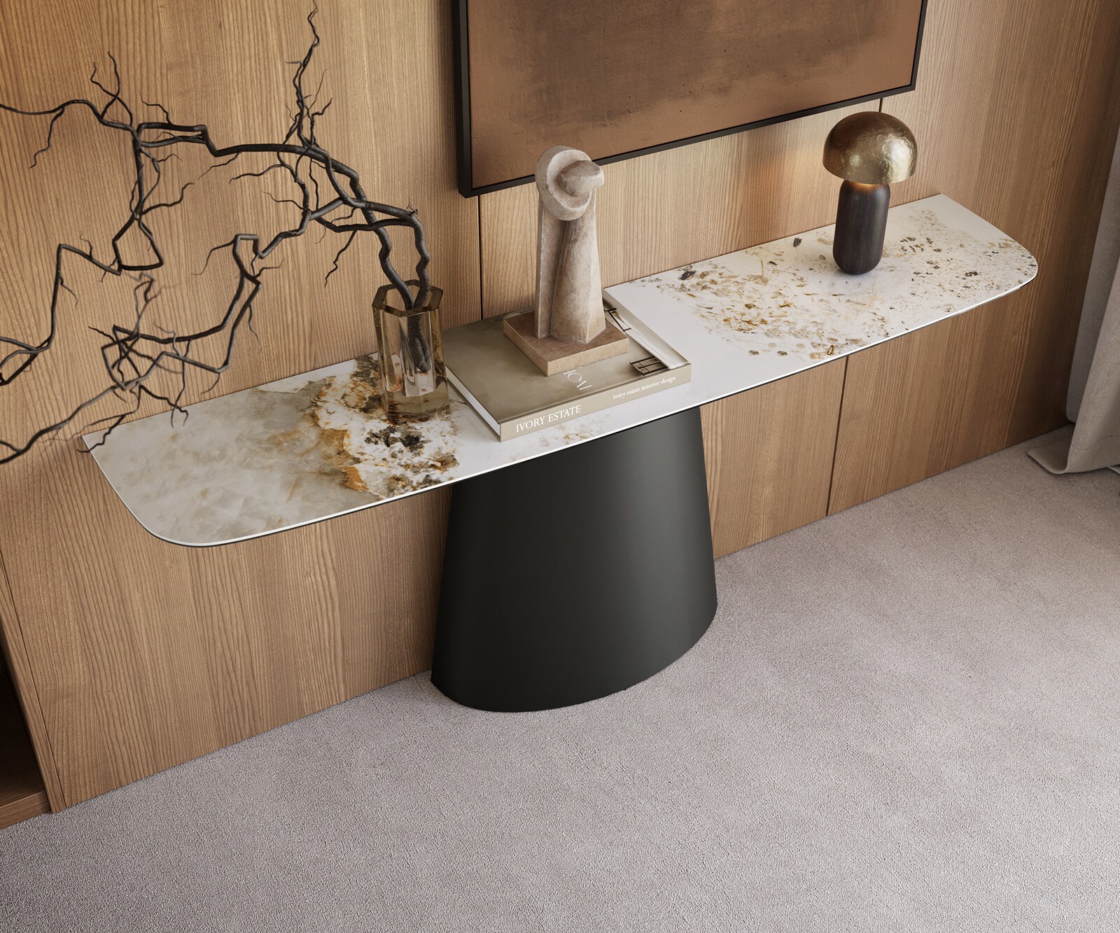 Consoletafel Edge Bootvorm 180x40 cm Keramiek Minas Melange Weiß-Beige Conos Metaal Zwart 2
