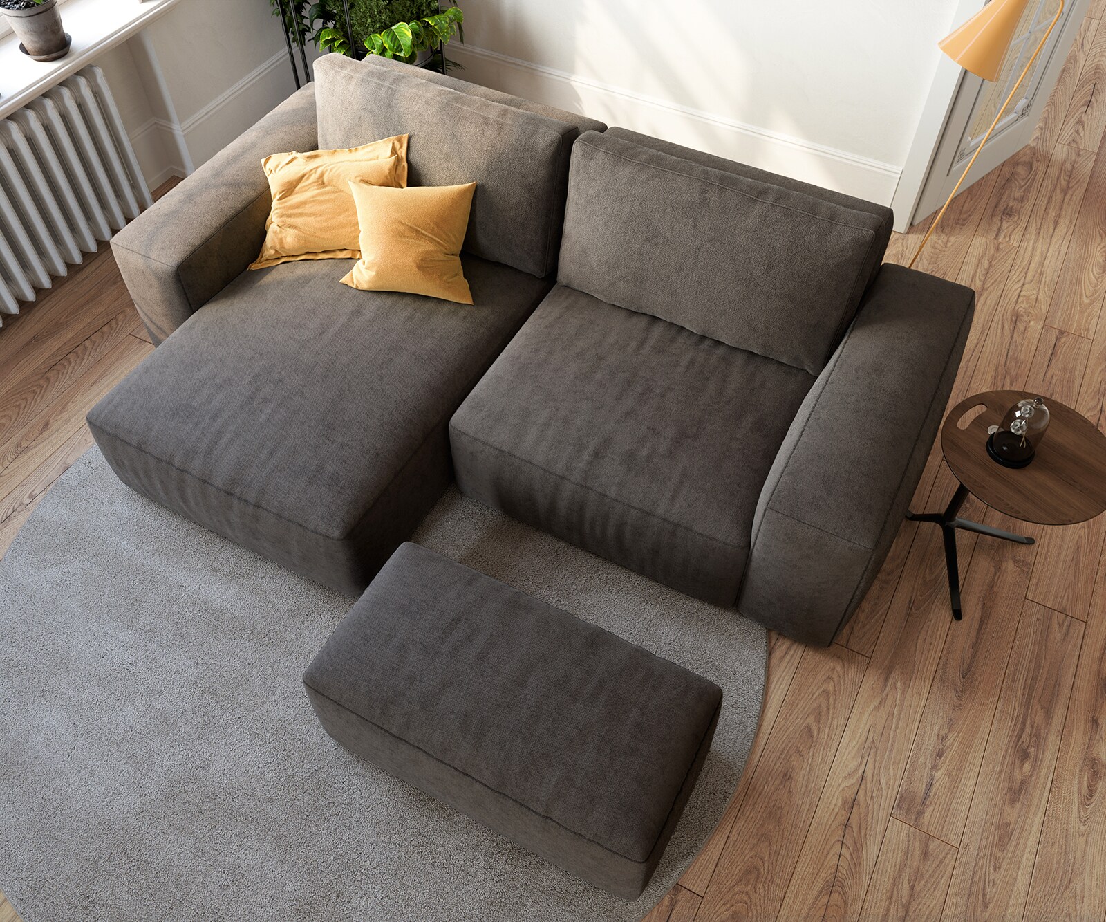 Hoeksofa Lanzo 230x155 cm microvezel khakibruin met variabele recamière en hocker 5