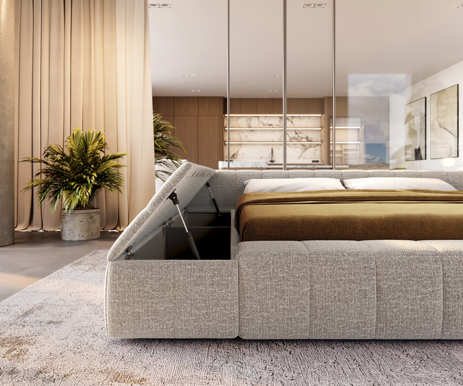 Gestoffeerd bedframe Espazio 180x200 cm geweven stof Soft Beige 6