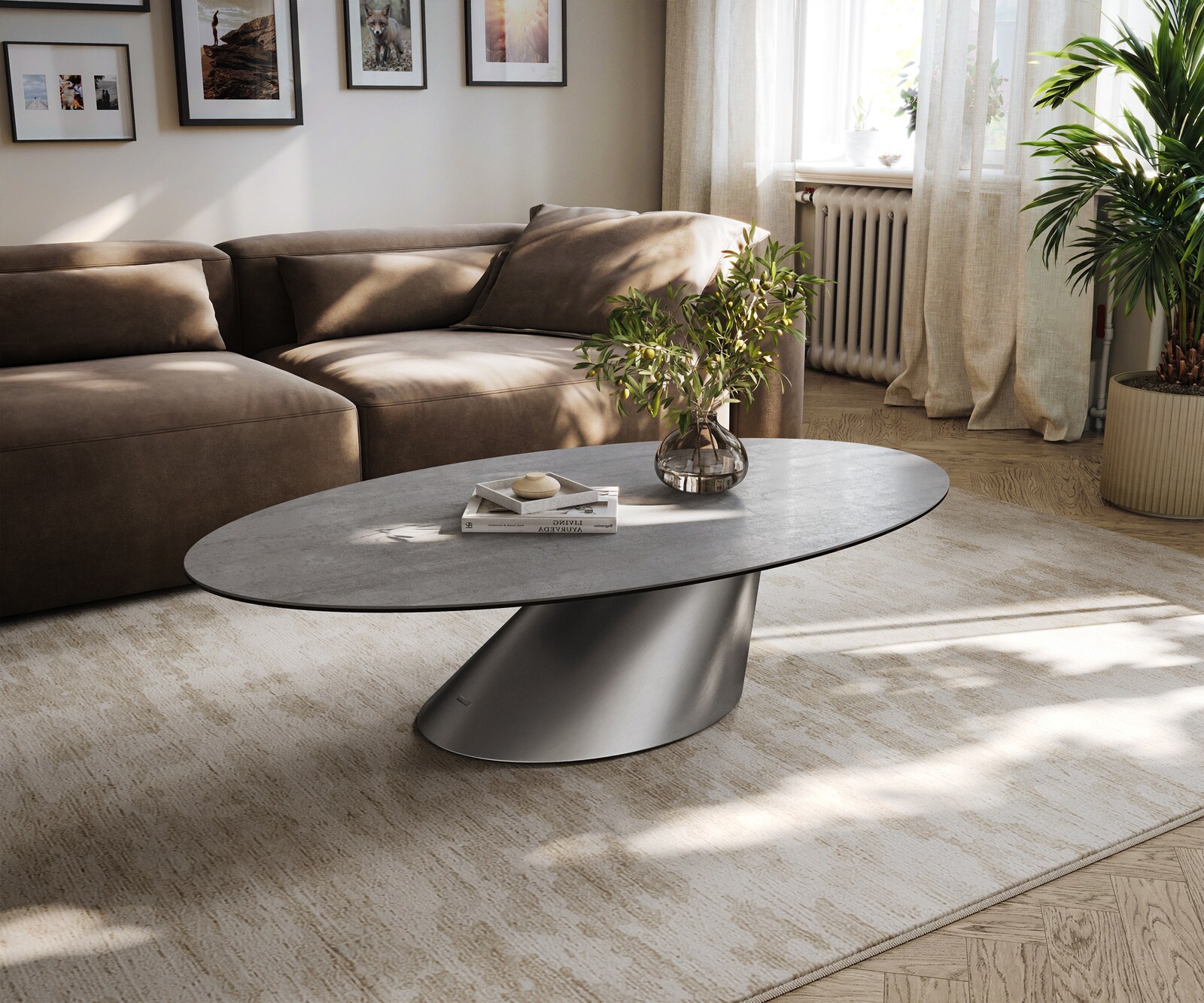 Salontafel Edge ovaal 140x80 cm keramiek beton grijs Conis roestvrij staal geborsteld