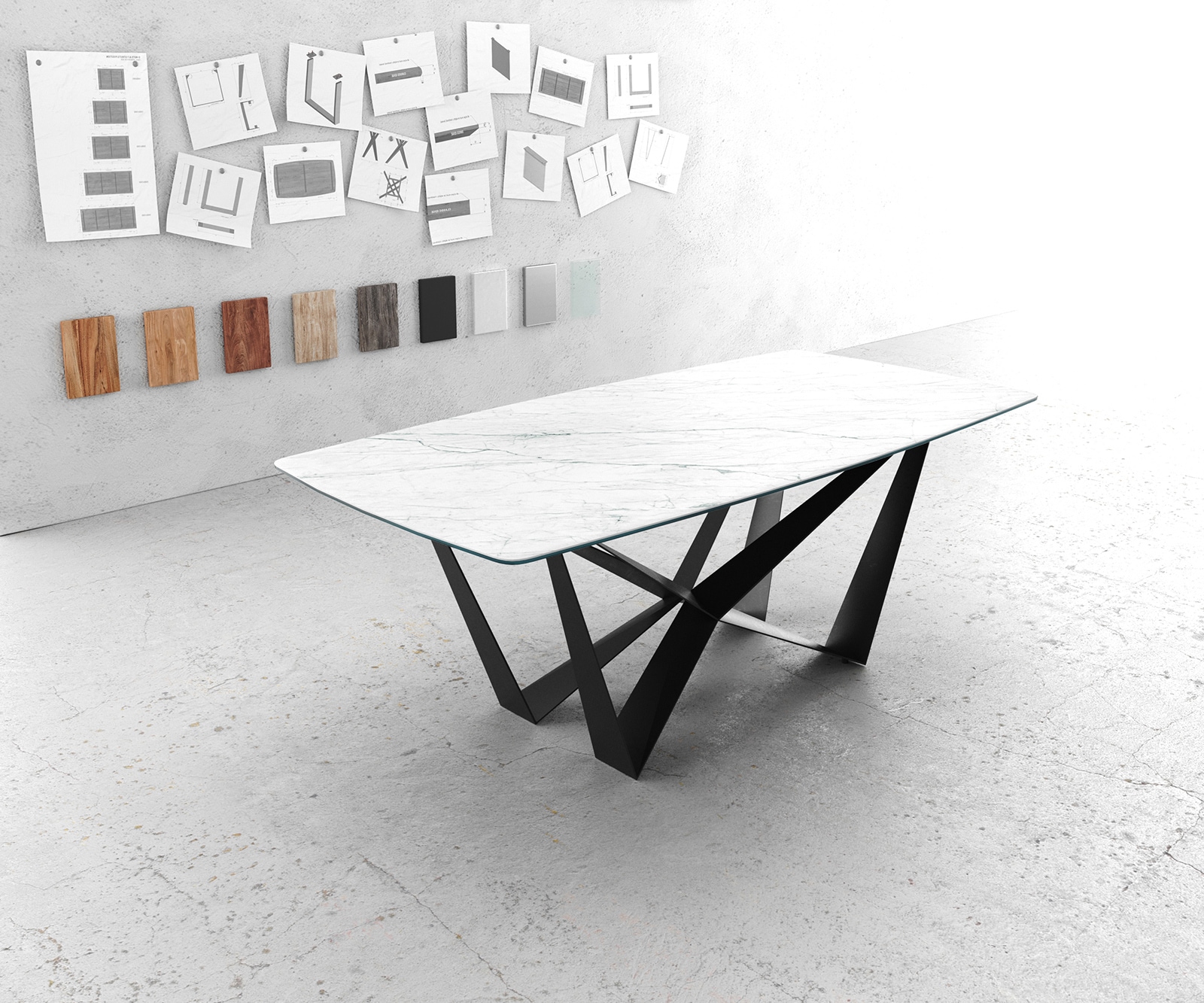 Eettafel Edge Bootsform 200x100cm Laminam® keramiek wit middenpoot vlak staal zwart Eettafel Edge Bootsform 200x100cm Laminam® keramiek wit middenpoot vlak staal zwart