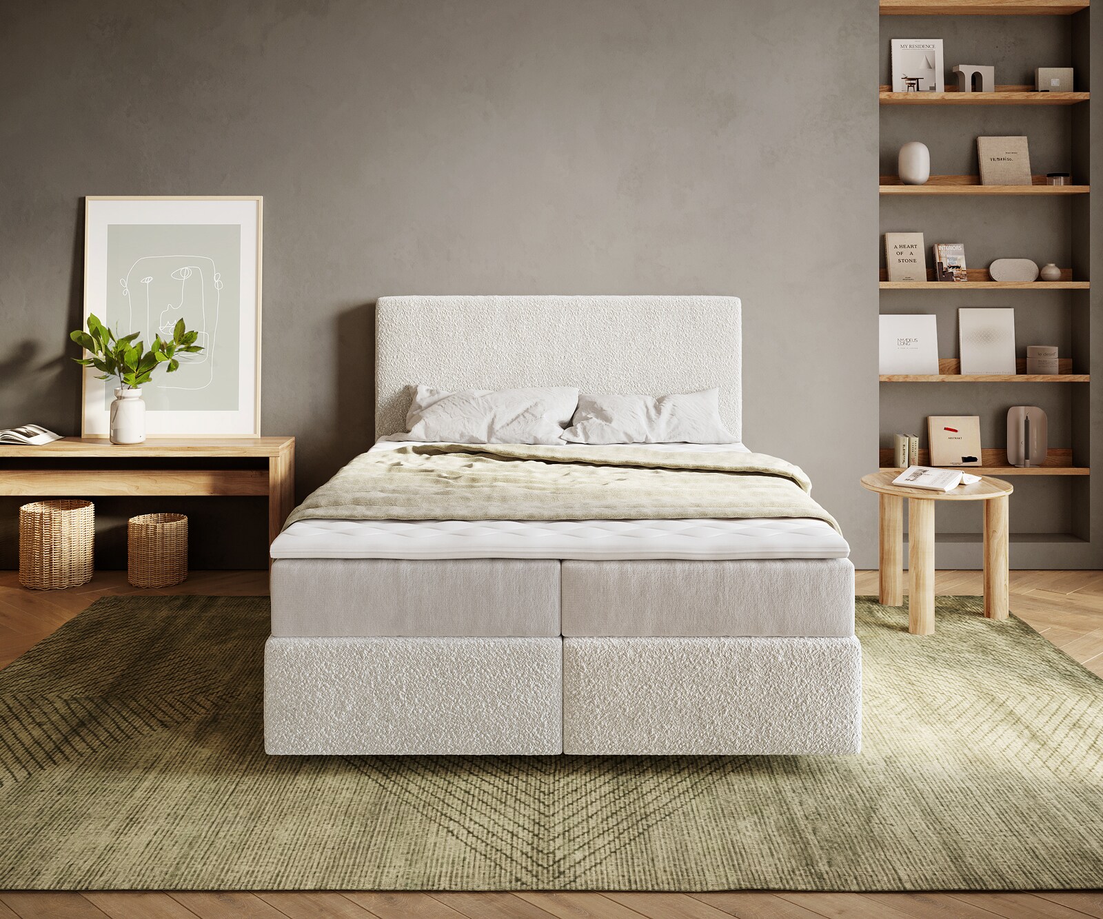 Boxspringbed Dream-Well 140x200 cm Bouclé Crème-Wit met Pocketveringmatras en Topper Visco 1 Boxspringbed Dream-Well 140x200 cm Bouclé Crème-Wit met Pocketveringmatras en Topper Visco 1