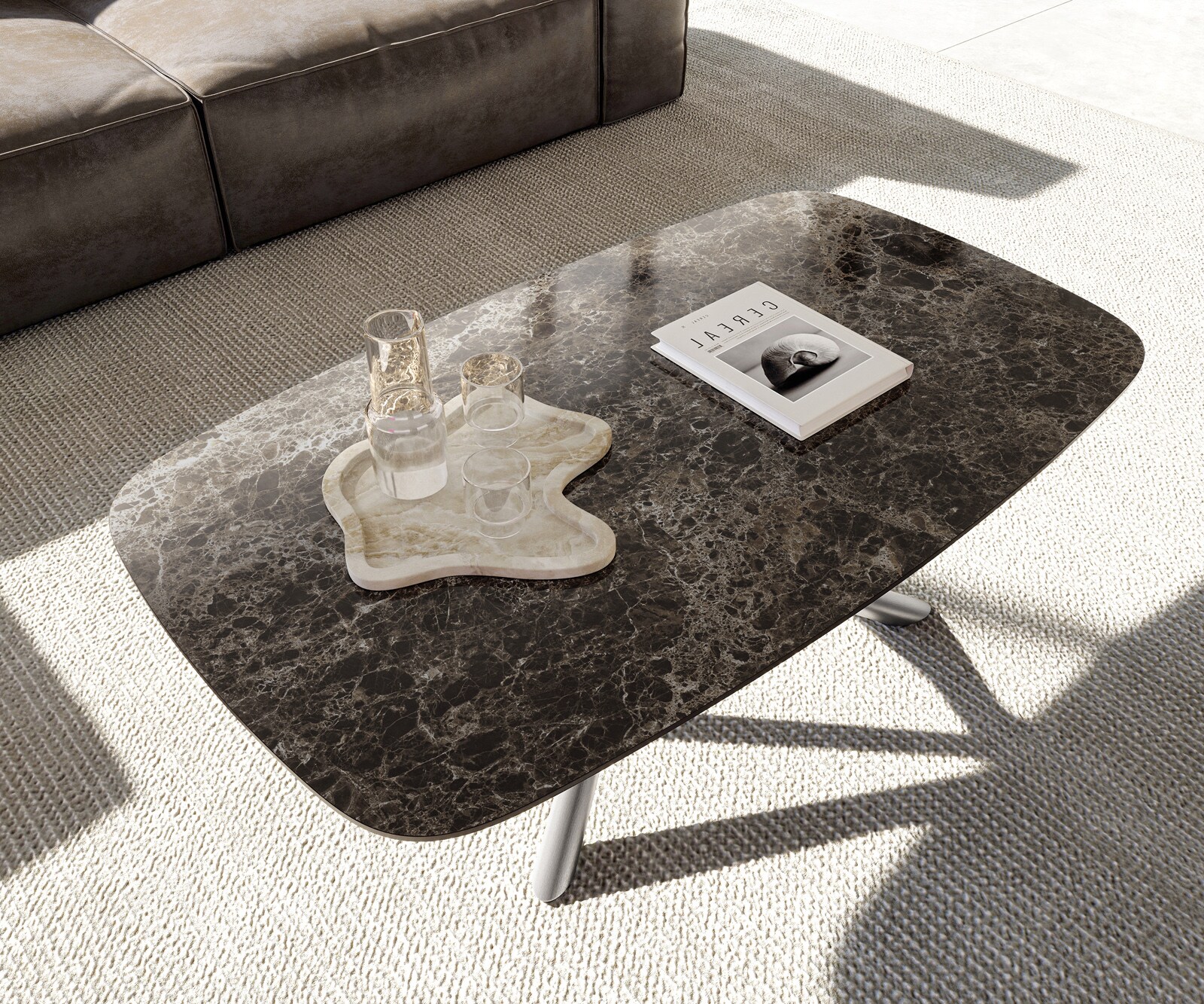 Salontafel Edge Boot 120x70 cm keramiek Laminam® Emperador Extra Lucidato donkerbruin Sarity geborsteld roestvrij staal 4