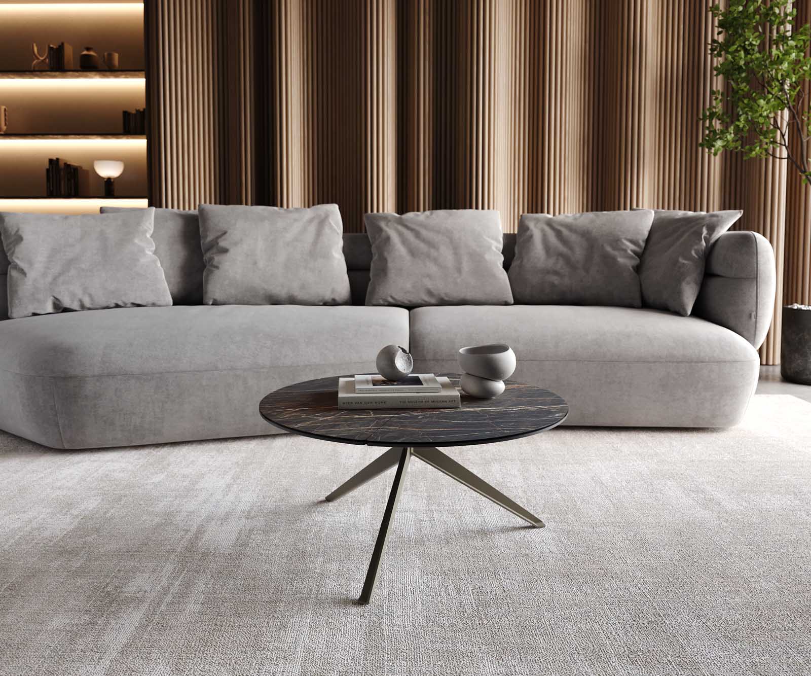 Salontafel Delron 70x70 cm keramiek Laminam®Noir Desir Bruin Kruisvoet plat metaal effect afwerking Titanium 1