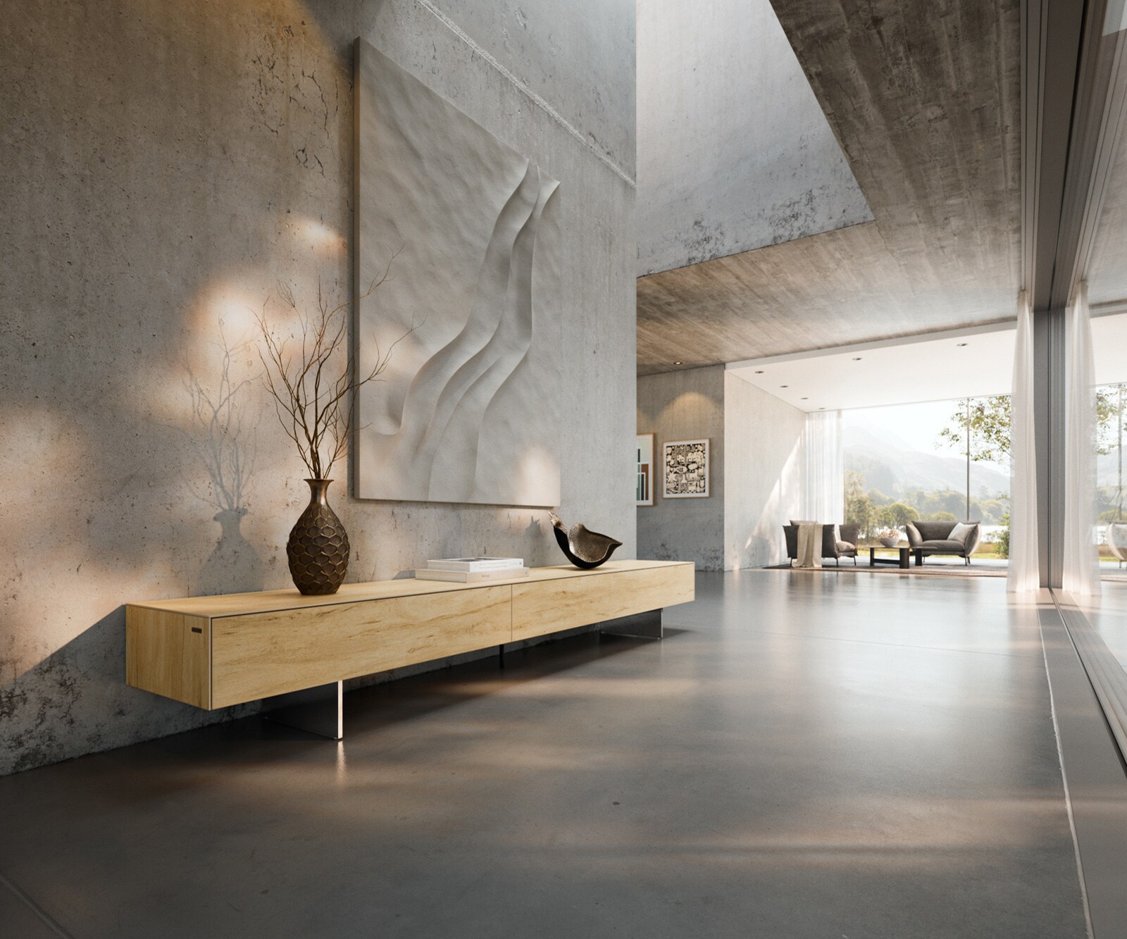 Tv-meubel Cuor 250 cm Keramiek Laminam® Sabbia Eiken gekleurd 1 Flap 1 Lade Zwevende voet look Roestvrij staal