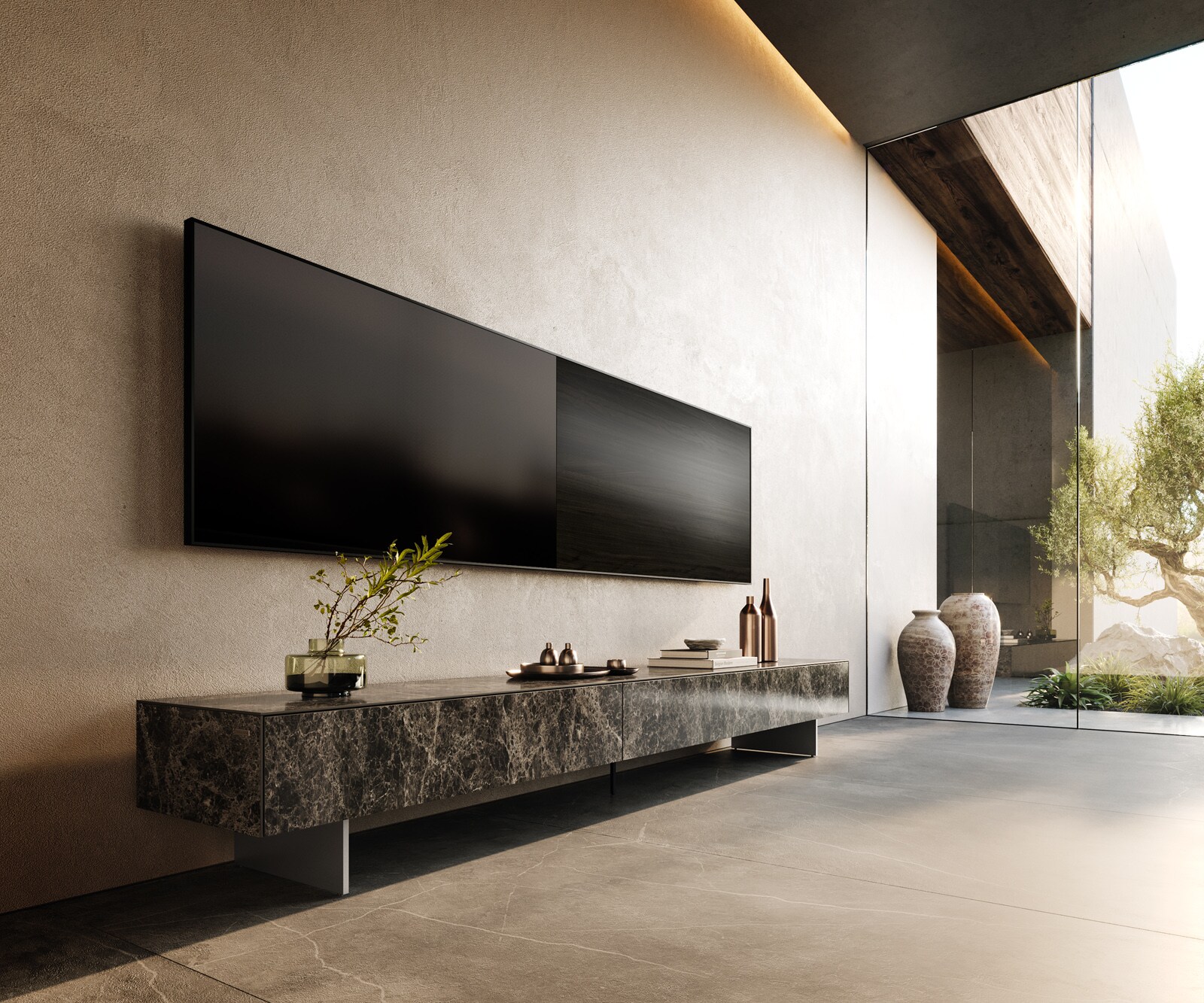Tv-meubel Cuor 250 cm Keramiek Emperador Extra Lucidato Donkerbruin 1 Flap 1 Lade Zwevende voet look Roestvrij staal 1