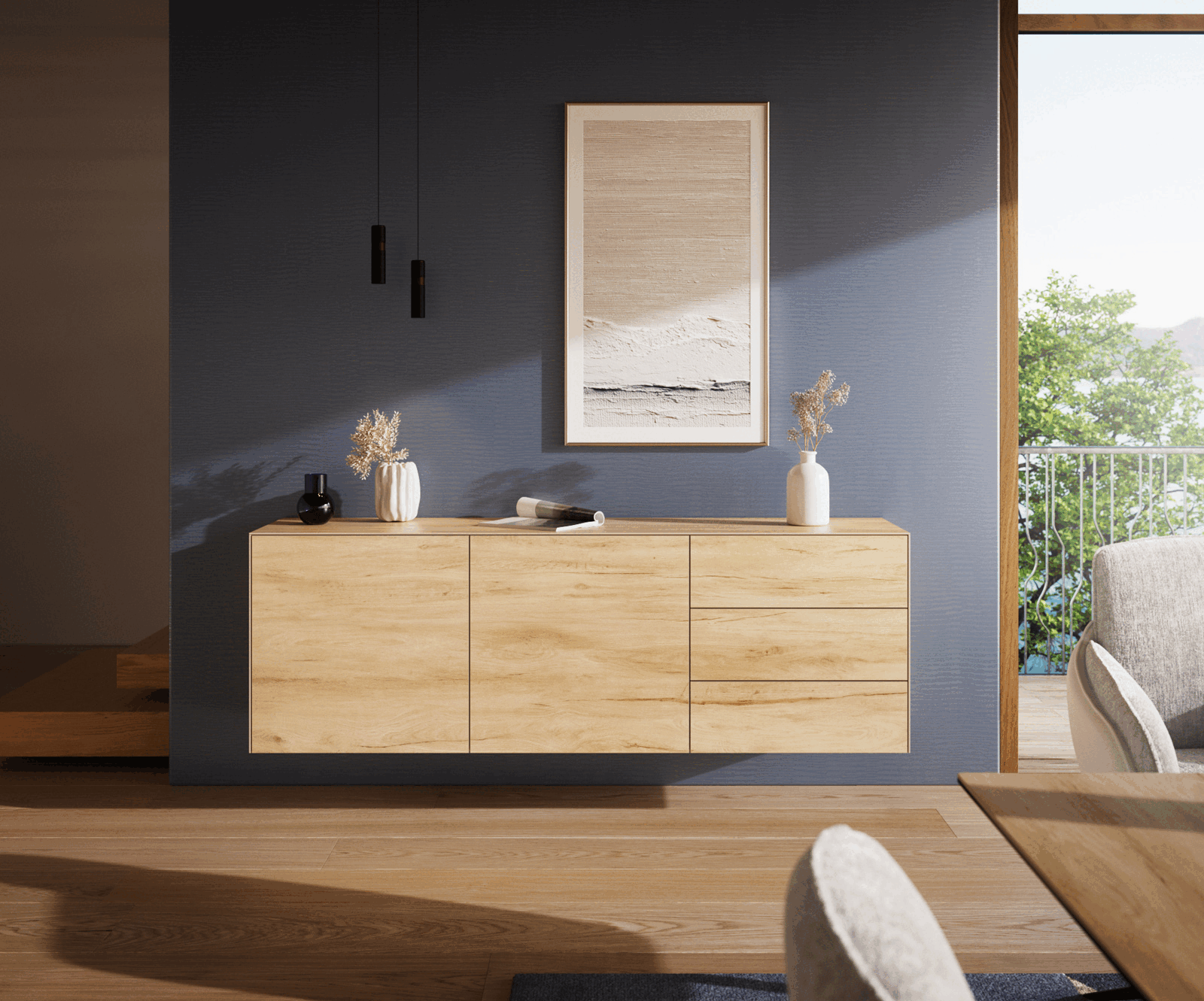 Dressoir Cuor 180 cm Keramiek Laminam® Sabbia Eiken gekleurd 2 Deuren 3 Laden Zwevend 2