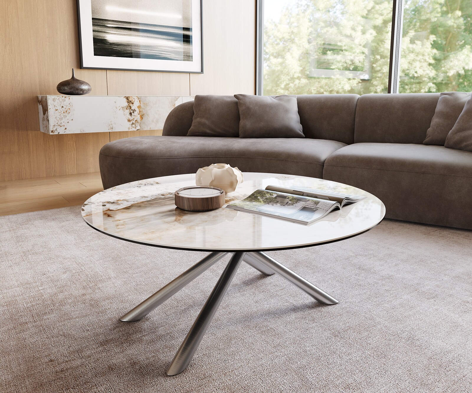 Salontafel Edge rond 100x100 cm keramiek Minas Melange Sarity geborsteld roestvrij staal
