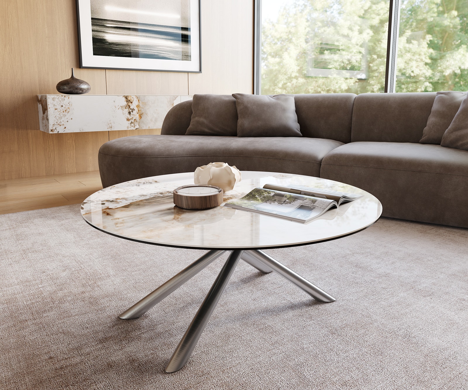 Salontafel Edge rond 100x100 cm keramiek Minas Melange Sarity geborsteld roestvrij staal 1