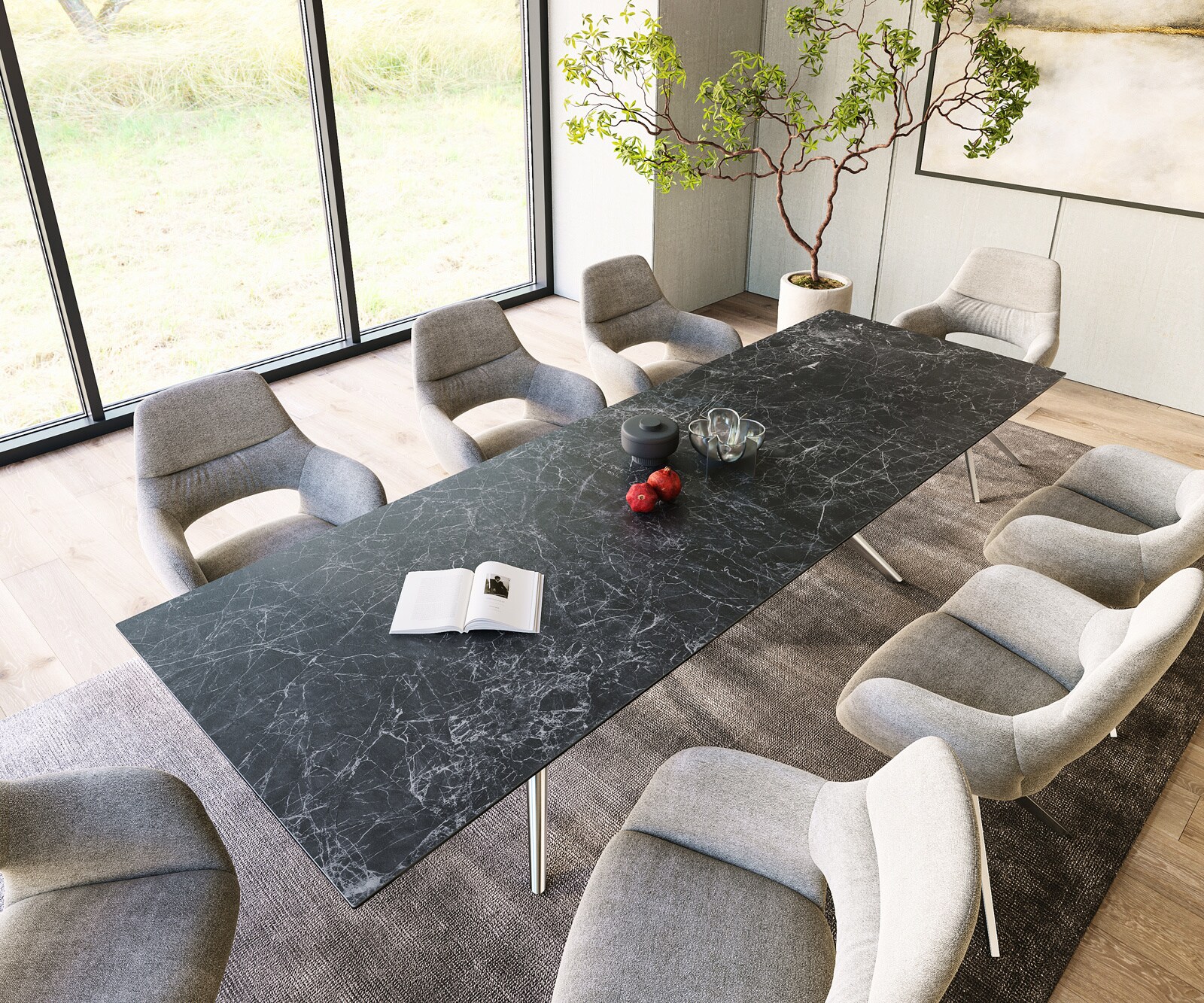 Eetkamertafel Edge 300x100 keramiek Laminam®Nero Greco Anthrazit Estelar rond  roestvrij staal 3