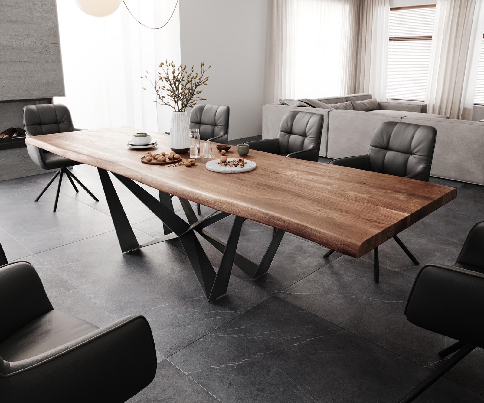 Eettafel Edge 300x100 XL acacia bruin Spider vlakstaal zwart Live-Edge 1