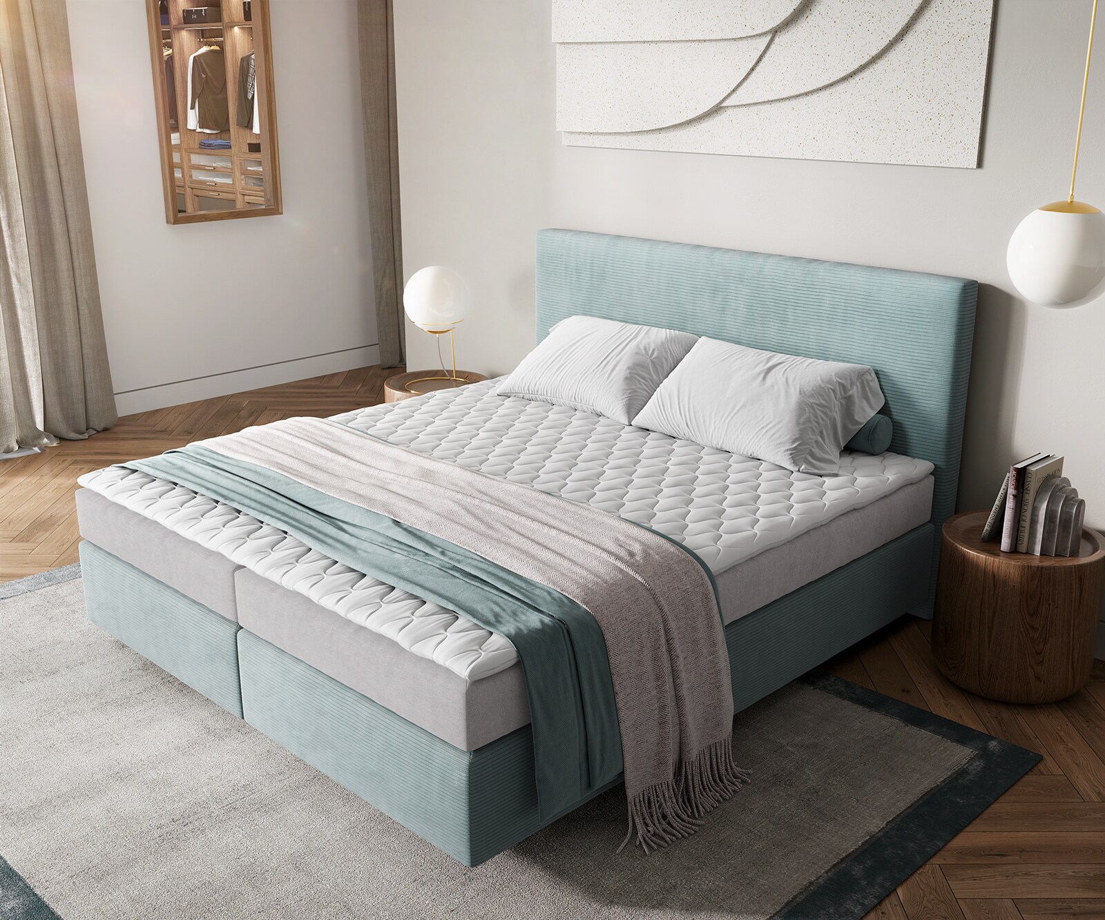 Boxspringbed Dream-Well 180x200 cm Cord Pastelblauw met Matras en Topper 3 Boxspringbed Dream-Well 180x200 cm Cord Pastelblauw met Matras en Topper 3