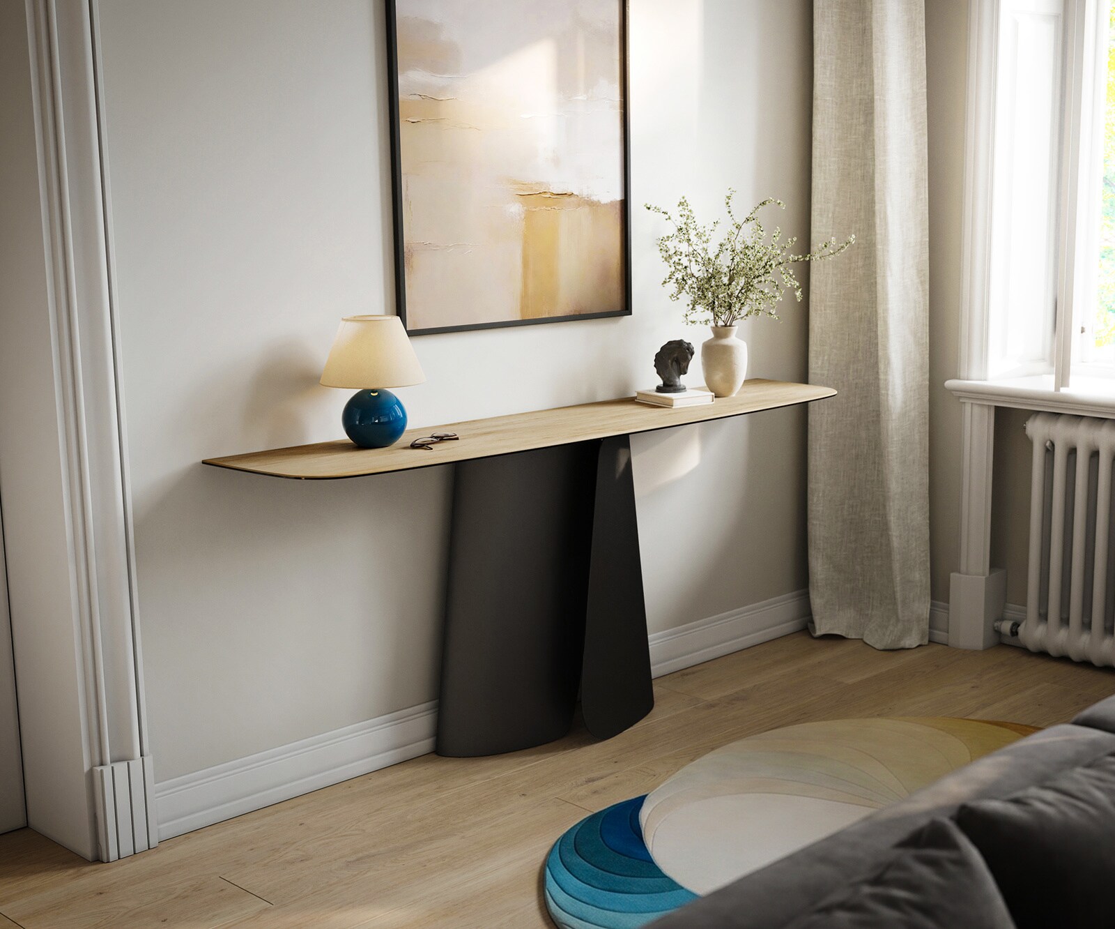 Consoletafel Edge Bootvorm 180x40 cm Keramiek Laminam® Sabbia Eichefarbig Livos Metaal Zwart 1