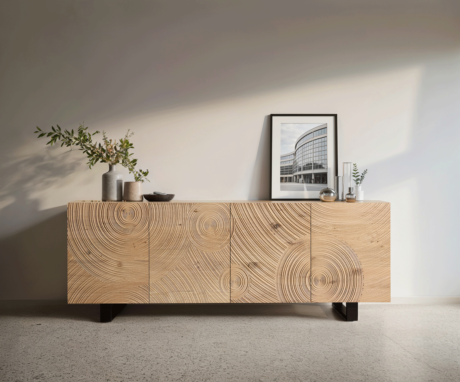 Dressoir Ashara 200 cm eiken natuur 3D-effect 4 deuren met metalen onderstel zwart 1