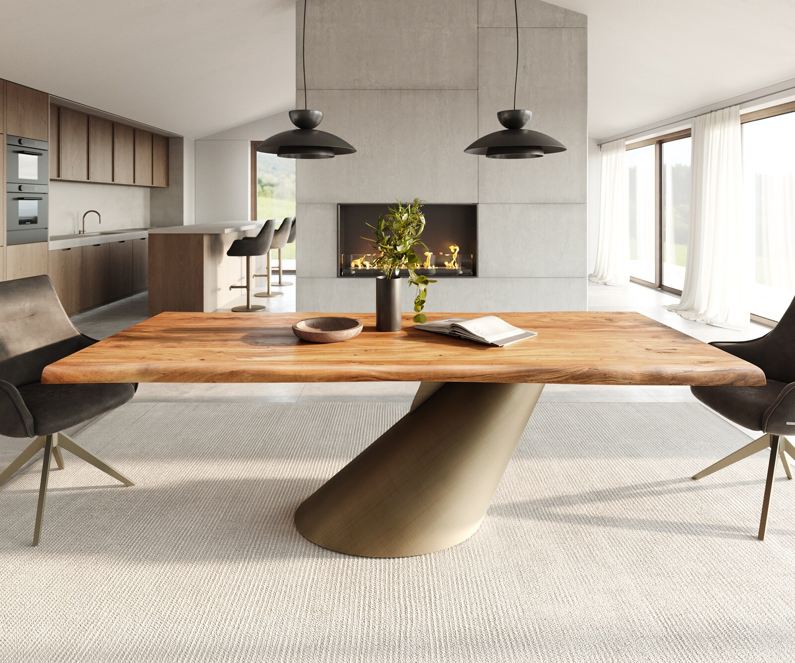 Eettafel Edge 240x100 acacia natuur Cono metaal goud Live-Edge 1