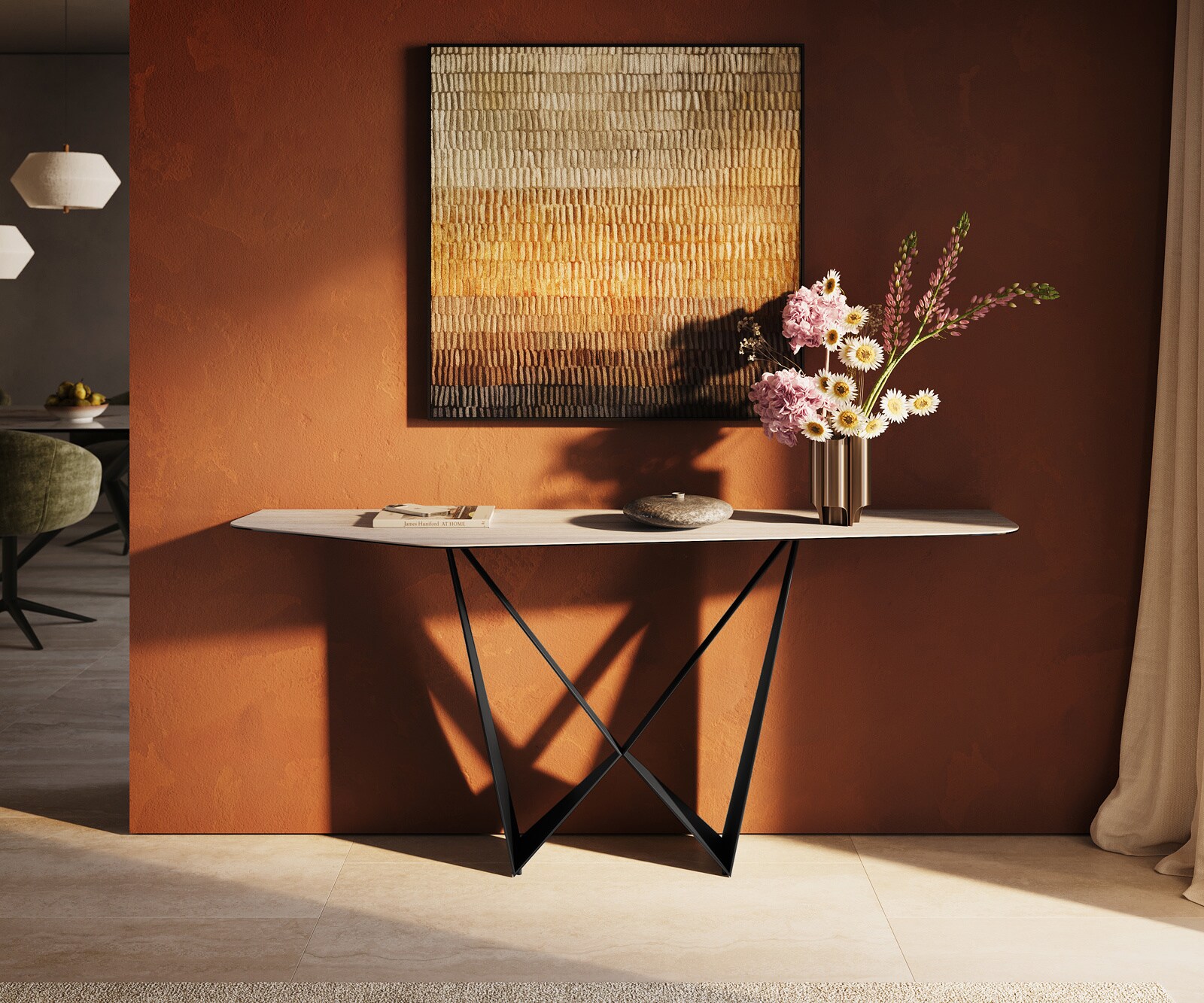 Consoletafel Edge Polygonaal 180x50 cm Keramiek Laminam® Travertino Bianco Creme-Weiß Spios Metaal Zwart 1