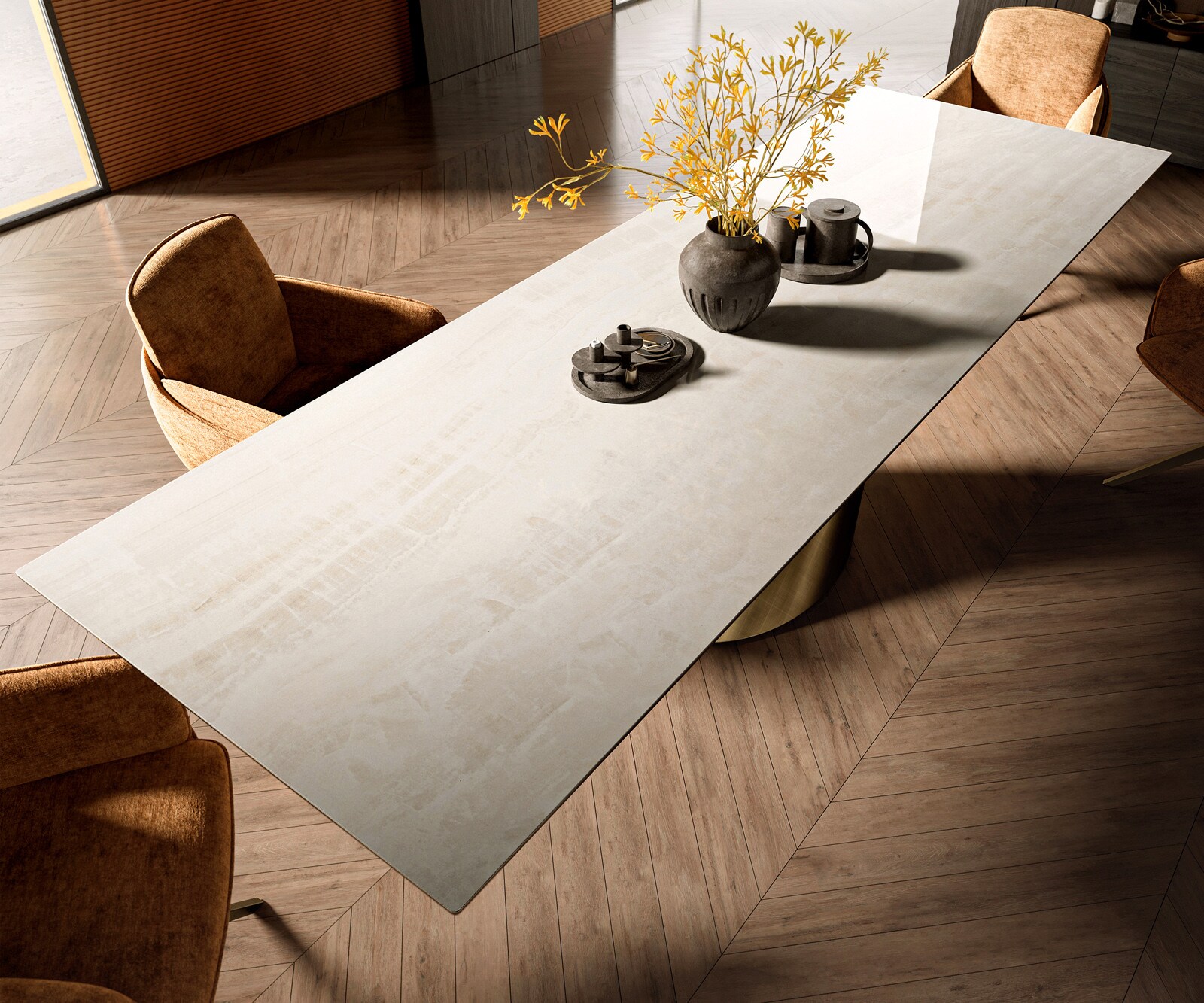 Eettafel Edge 300x100 cm keramiek Onyx Champagne Cono metallic goud 3