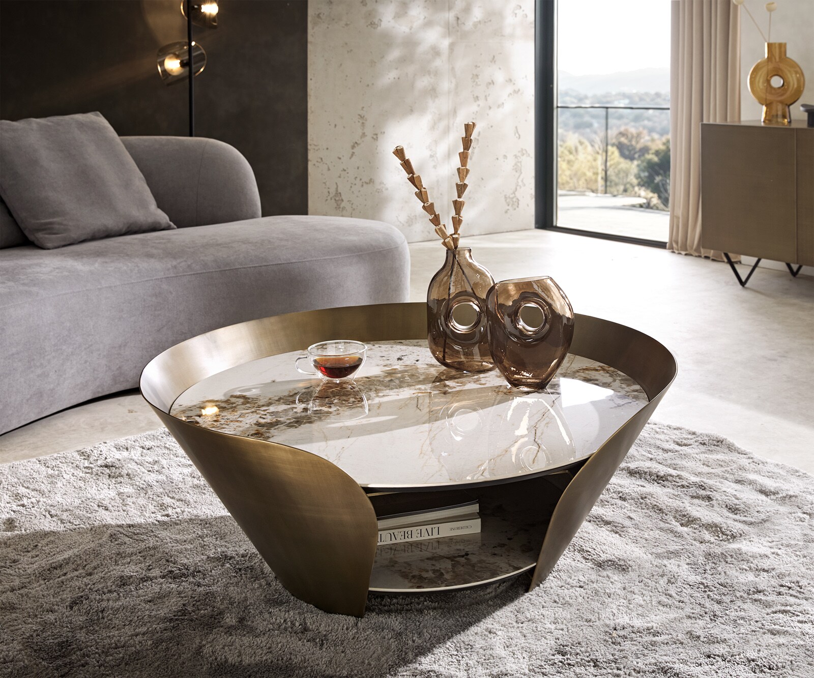 Salontafel Skafi 100x40 cm keramiek minas melange metallic goud 1